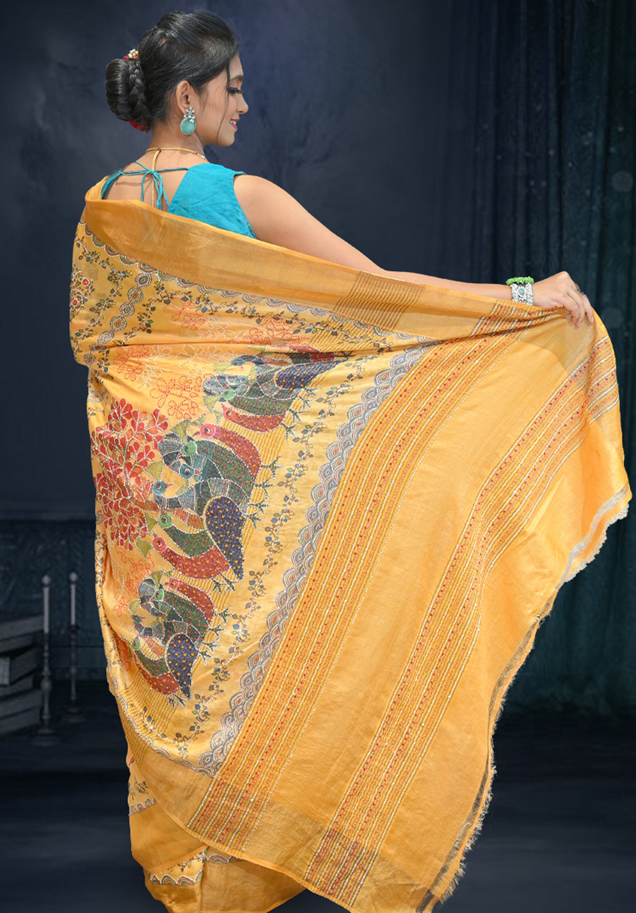 Pure Kantha stich Saree With Blouse Piece – Peach