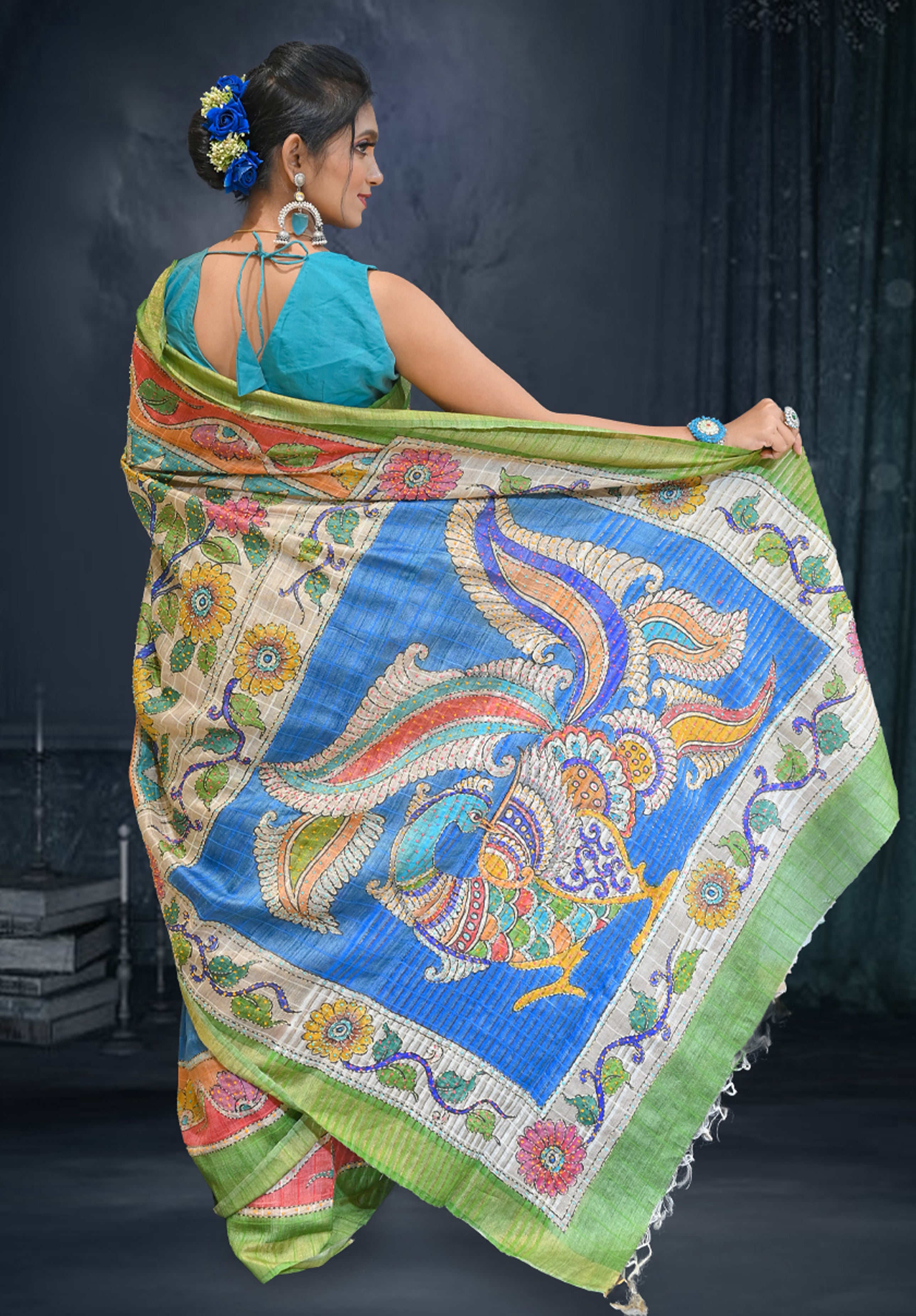 Pure Kantha stich Saree With Blouse Piece – Blue