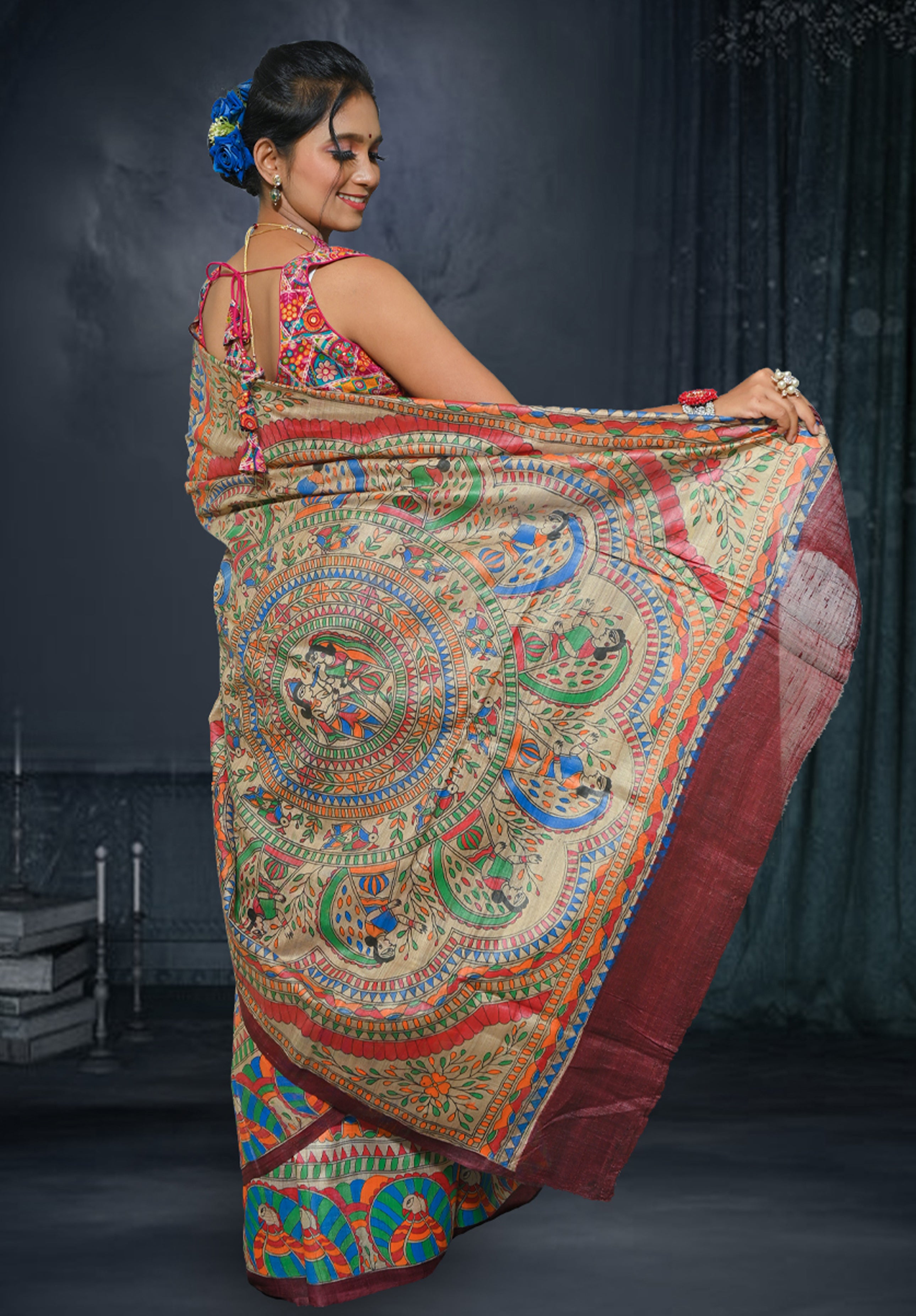 Pure Madhubani Saree With Blouse Piece – Brown