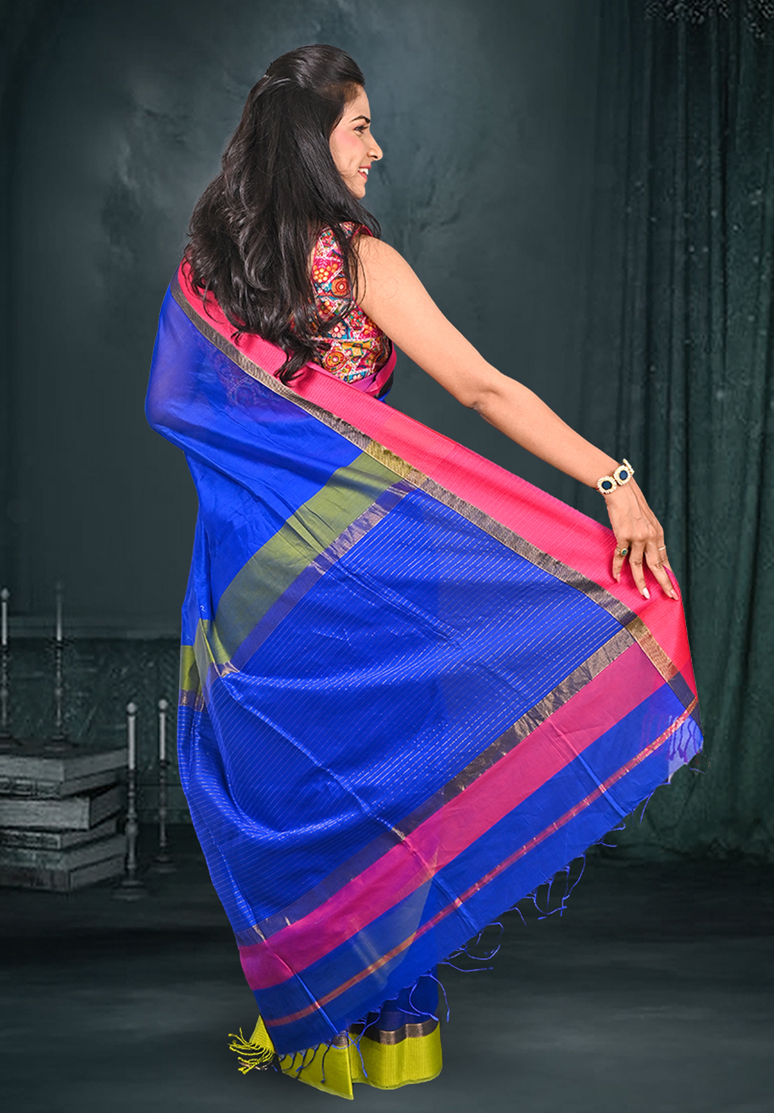 Pure Maheshwari Saree With Blouse Piece – Blue