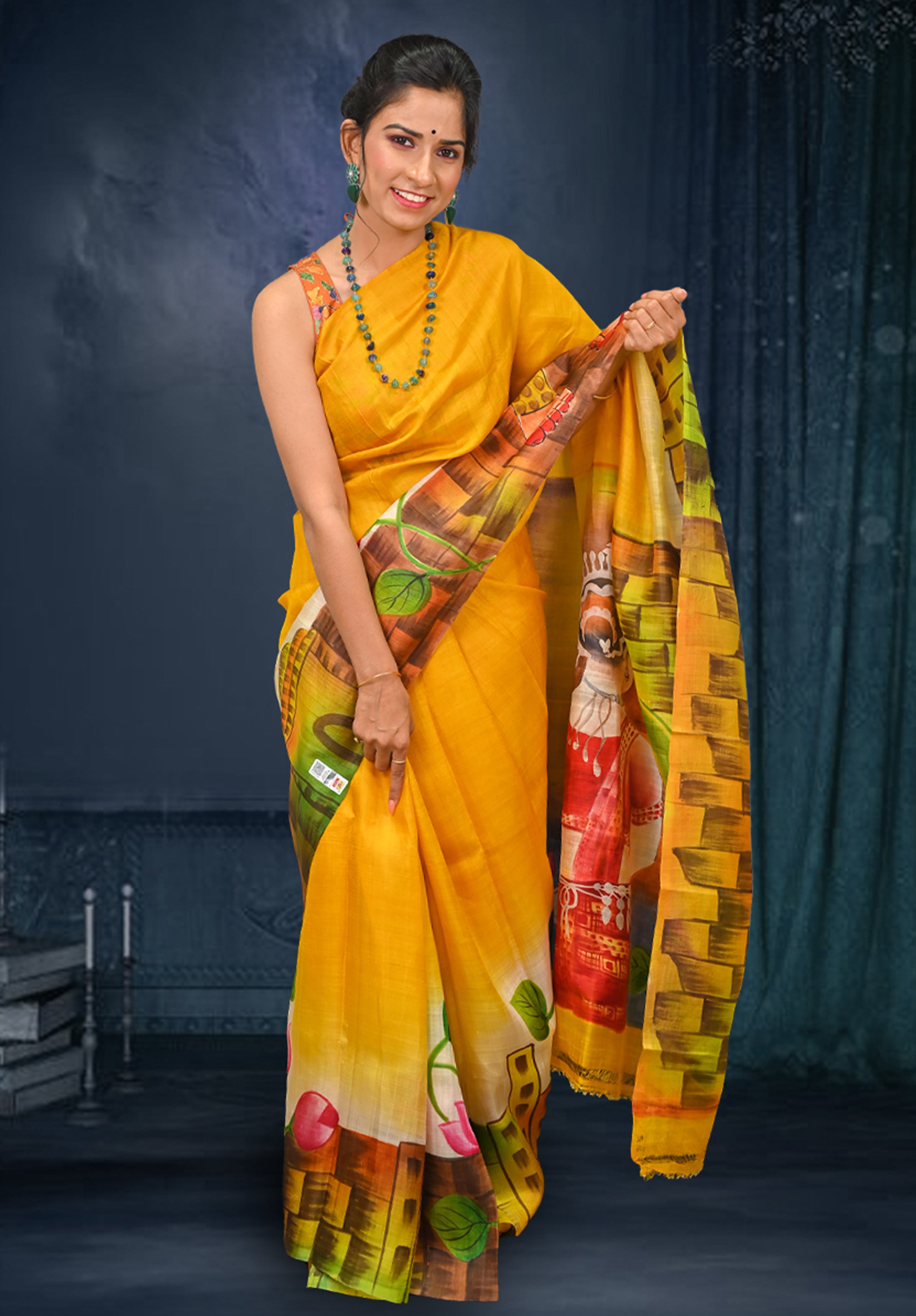 Pure silk handpaint Kalamkari Saree With Blouse Piece – Mustard Yellow