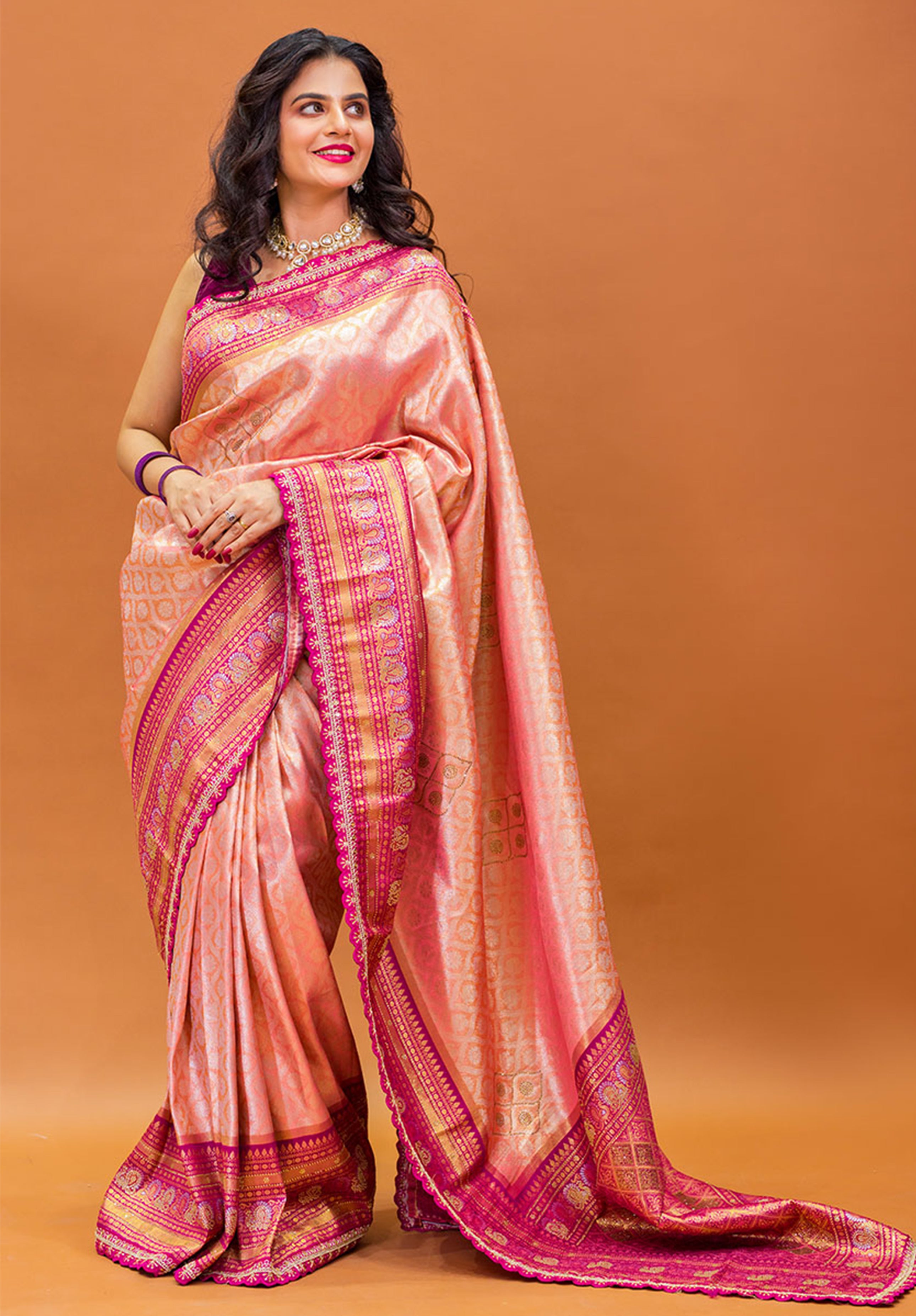 Women’s Woven Design Kanjivaram Brocade Saree With Blouse Piece- Peach