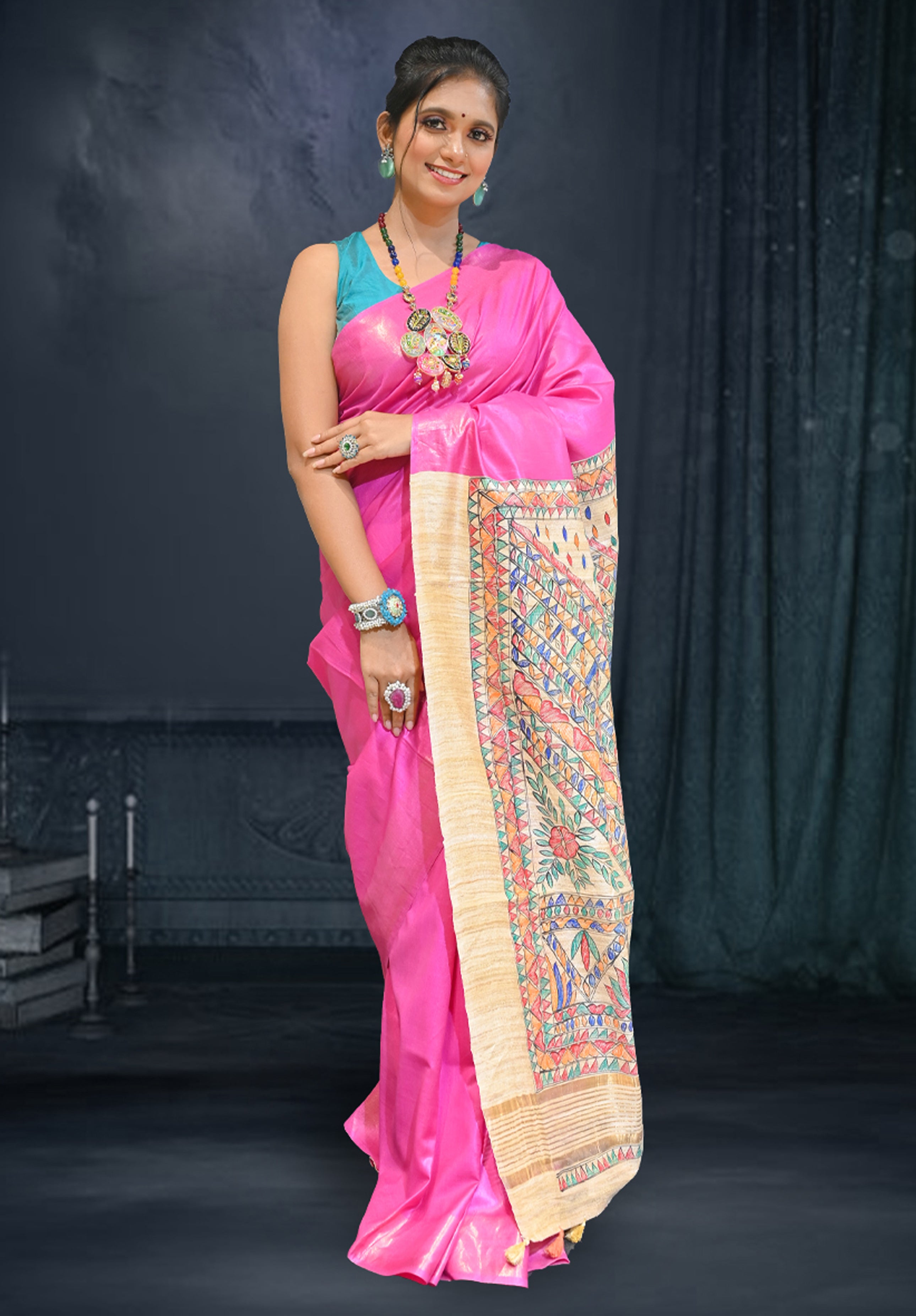 Pure Madhubani Saree With Blouse Piece – Pink