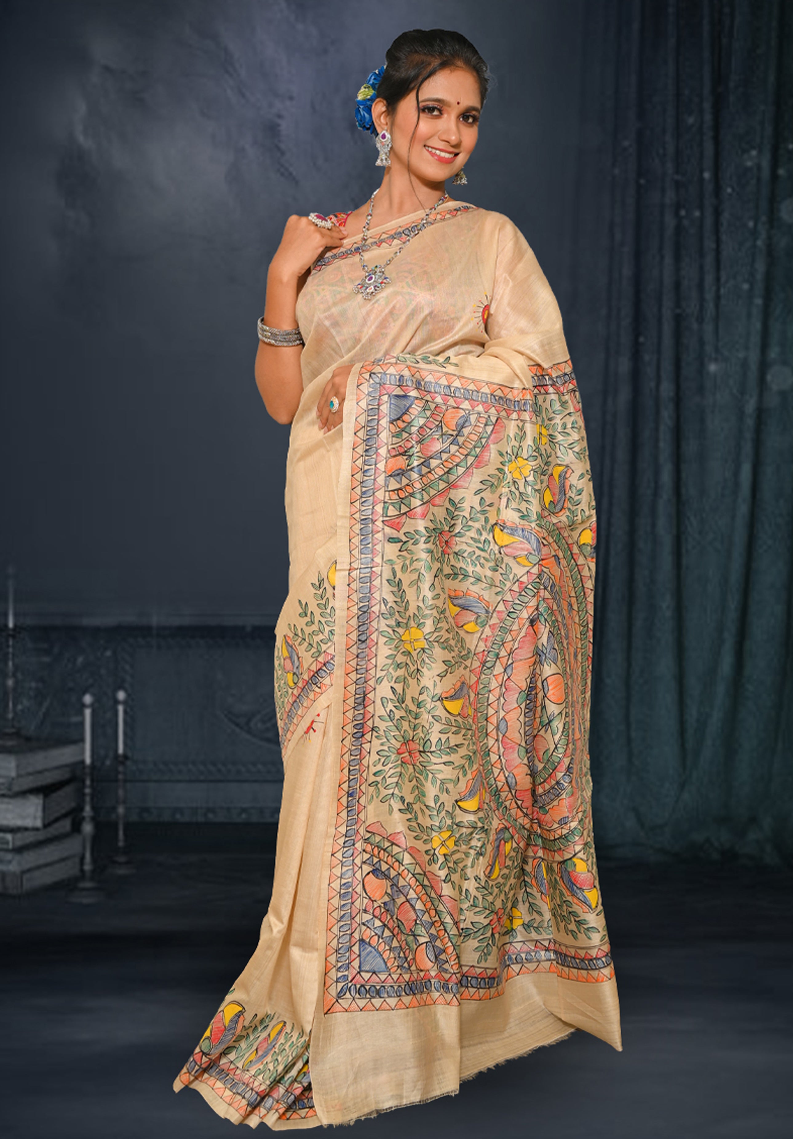 Pure Madhubani Saree With Blouse Piece – Cream