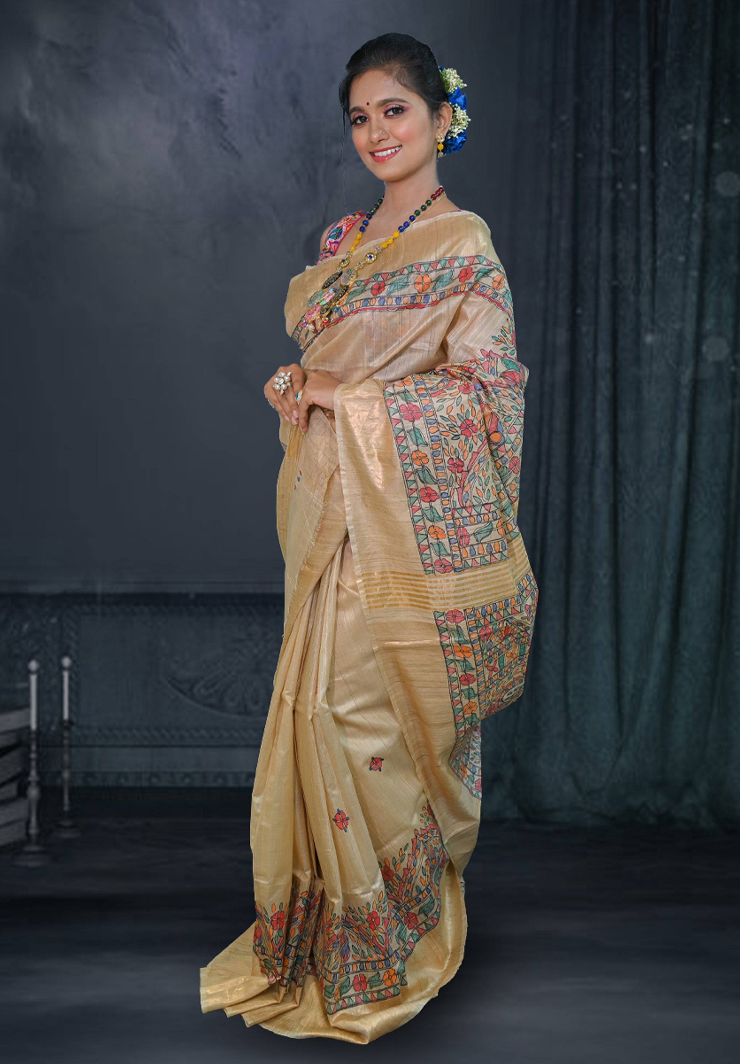 Pure Madhubani Saree With Blouse Piece – Cream