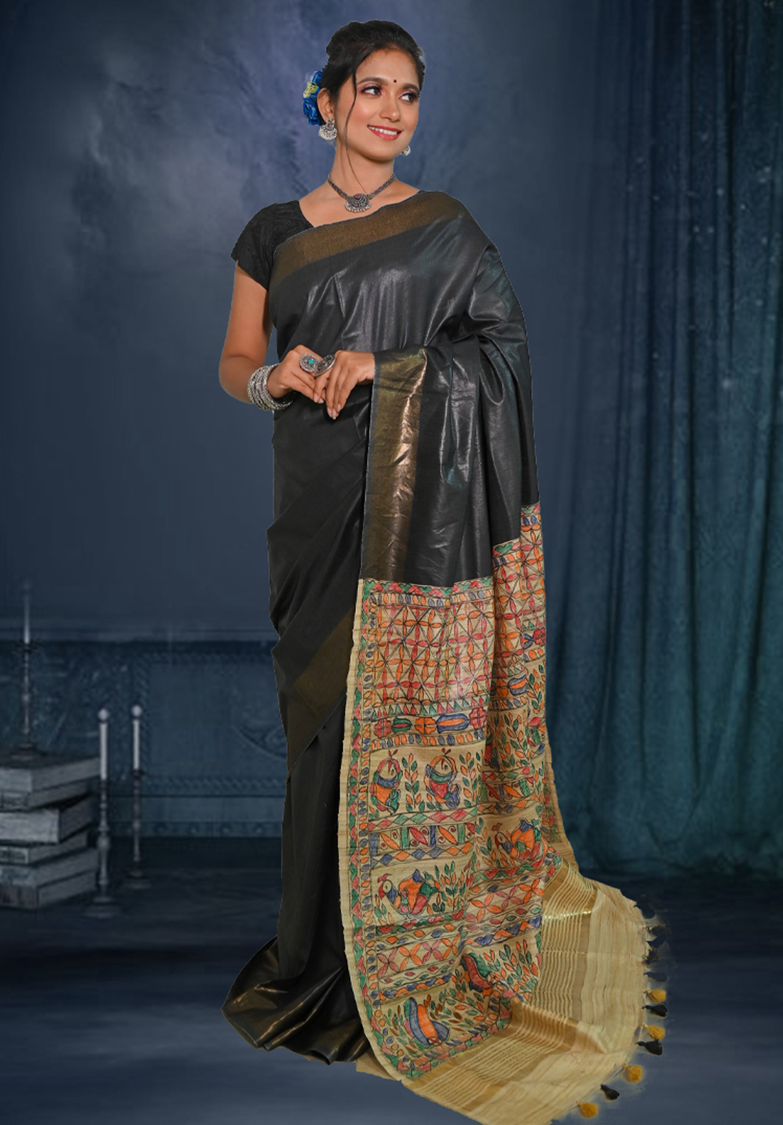 Pure Madhubani Saree With Blouse Piece – Black