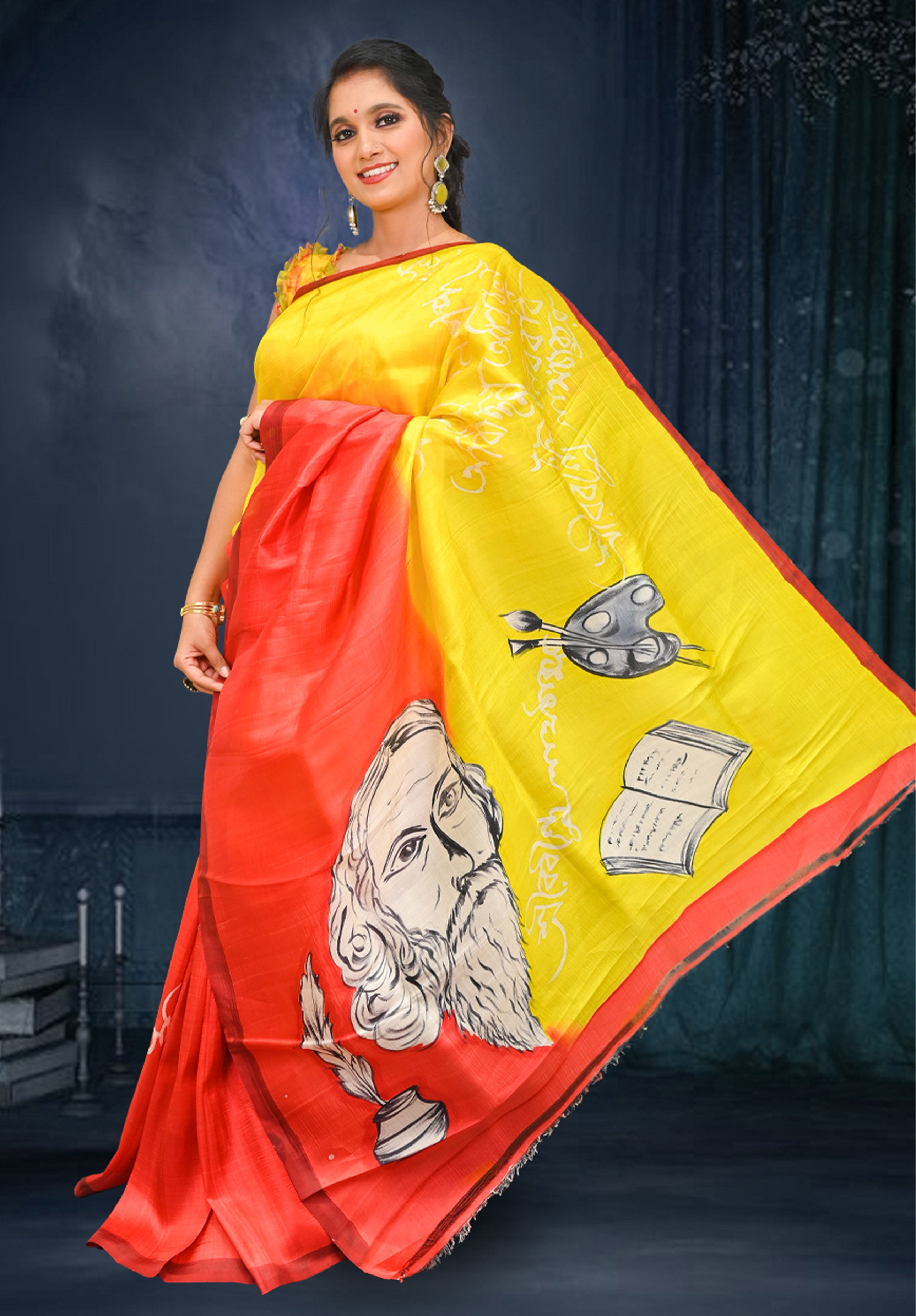 Pure silk handpaint Kalamkari Saree With Blouse Piece – Yellow Red