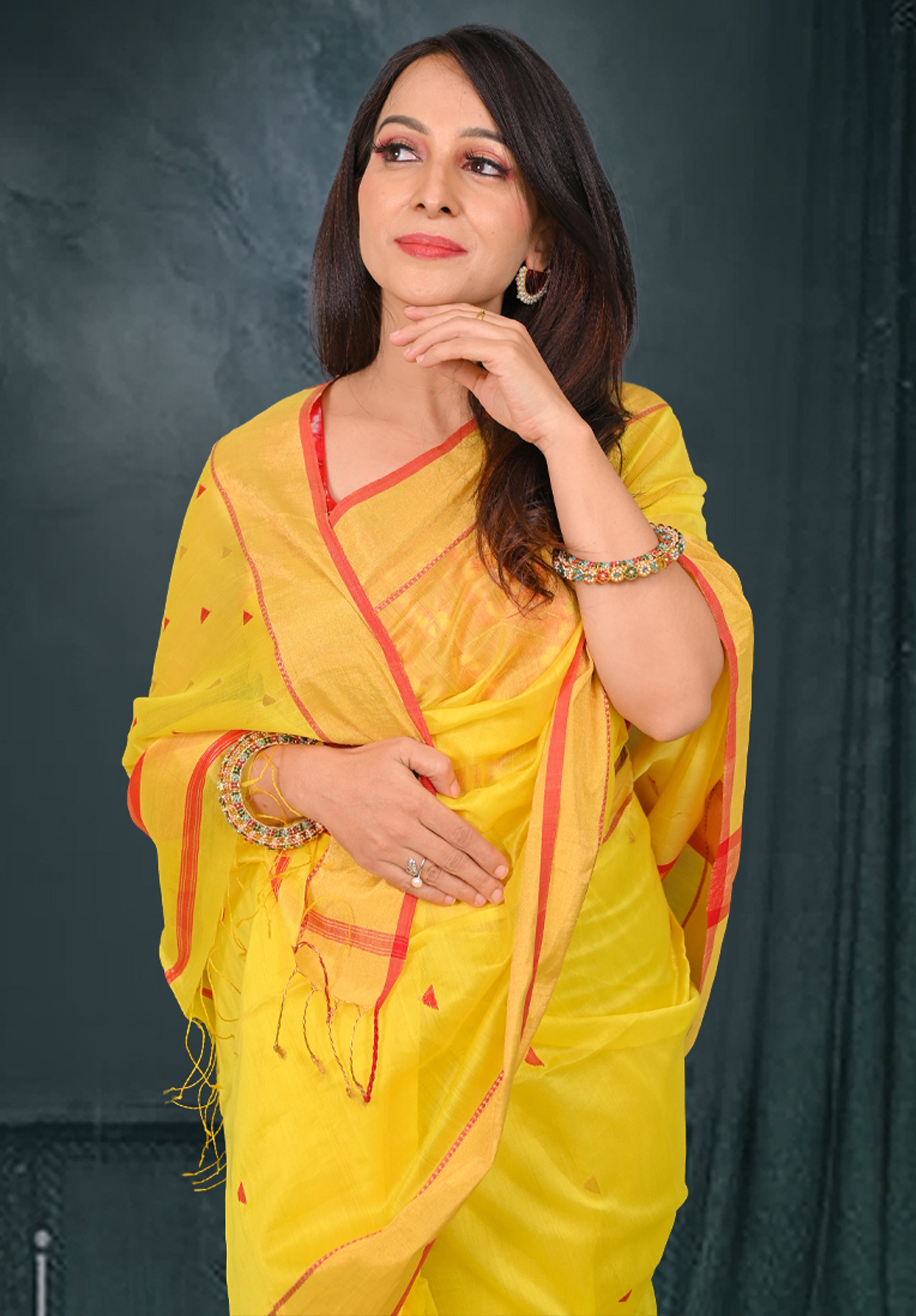 Pure Maheshwari Saree With Blouse Piece – Yellow