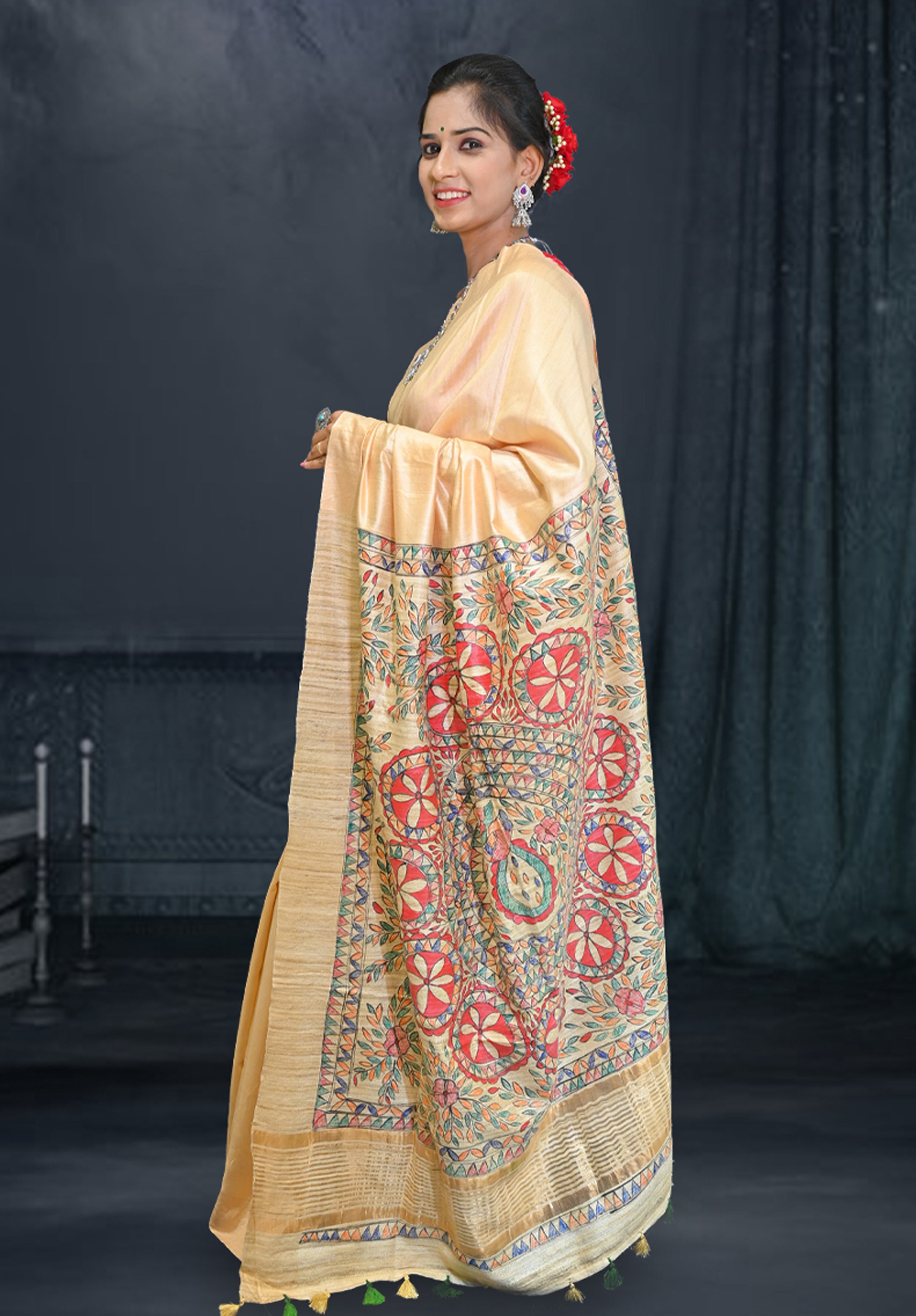 Pure Madhubani Saree With Blouse Piece – Cream