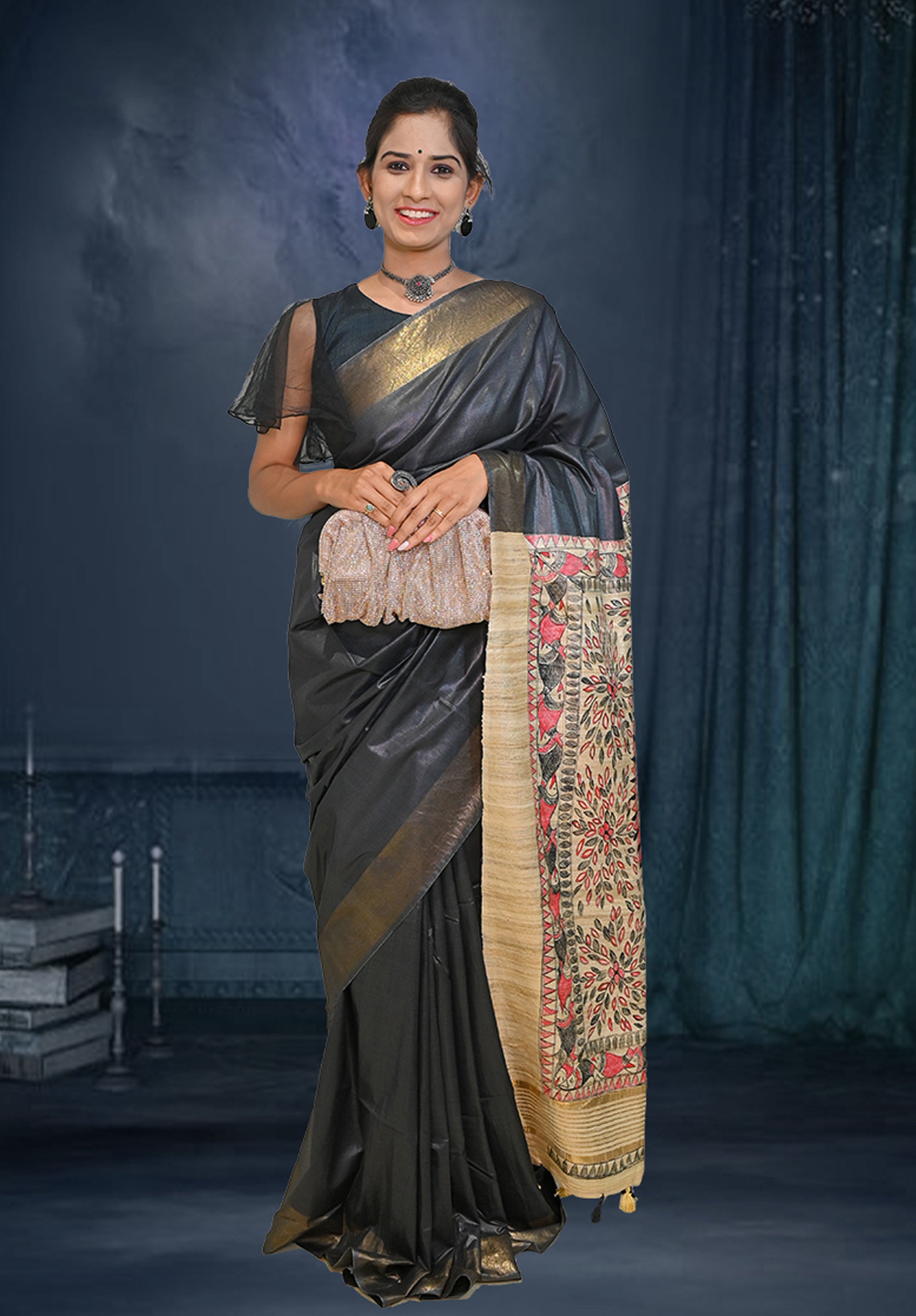 Pure Madhubani Saree With Blouse Piece – Black