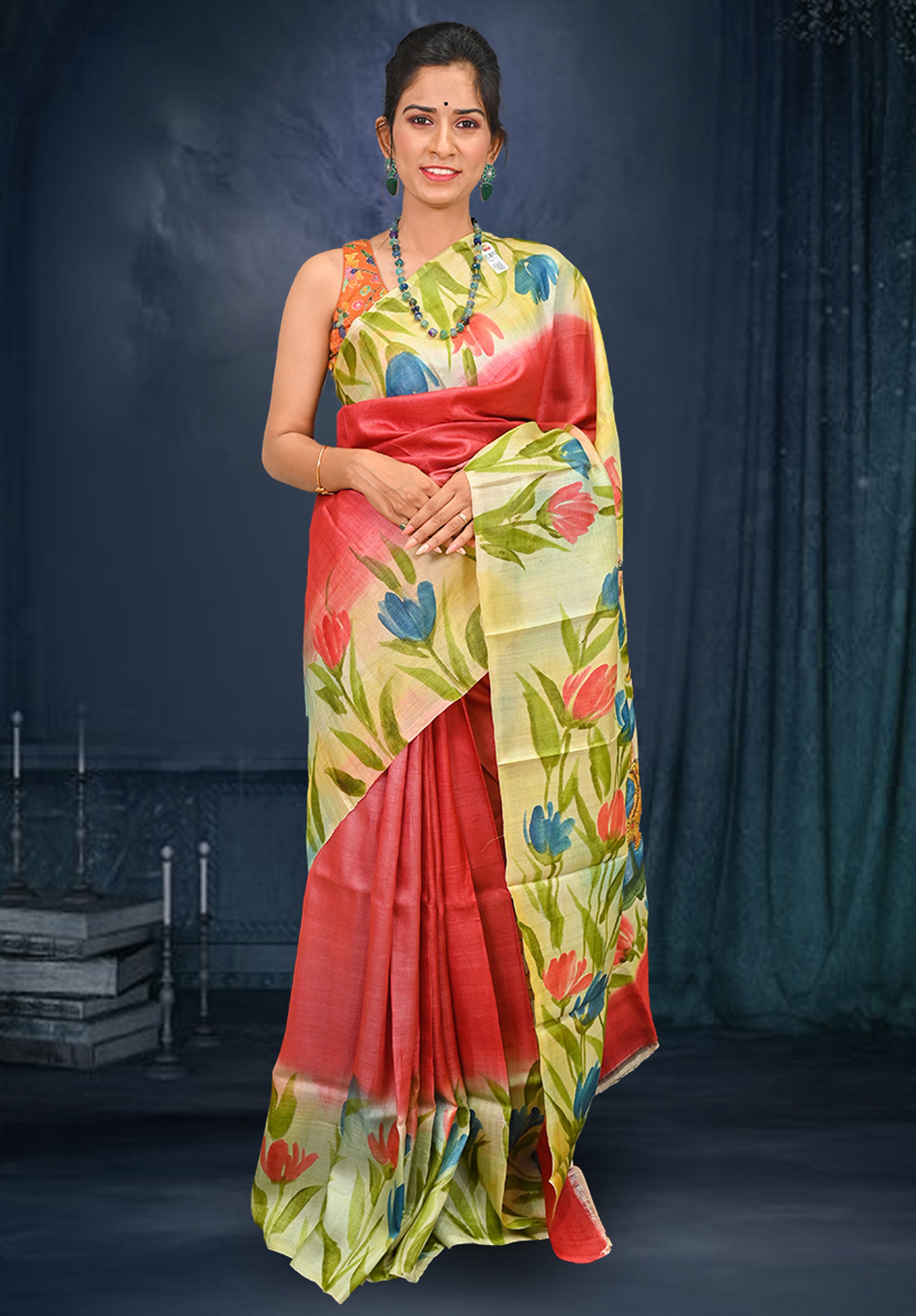 Pure silk handpaint Kalamkari Saree With Blouse Piece – Dark Maroon