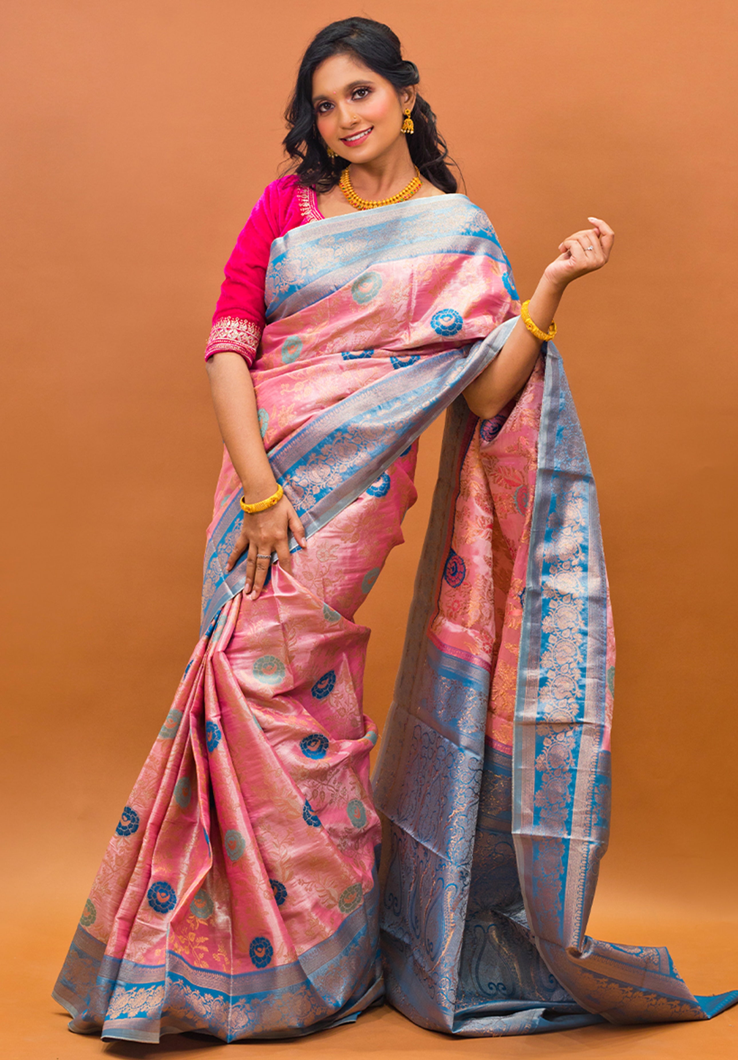 Pure Tissue Kanjivaram Silk Saree With Blouse Piece- Peach