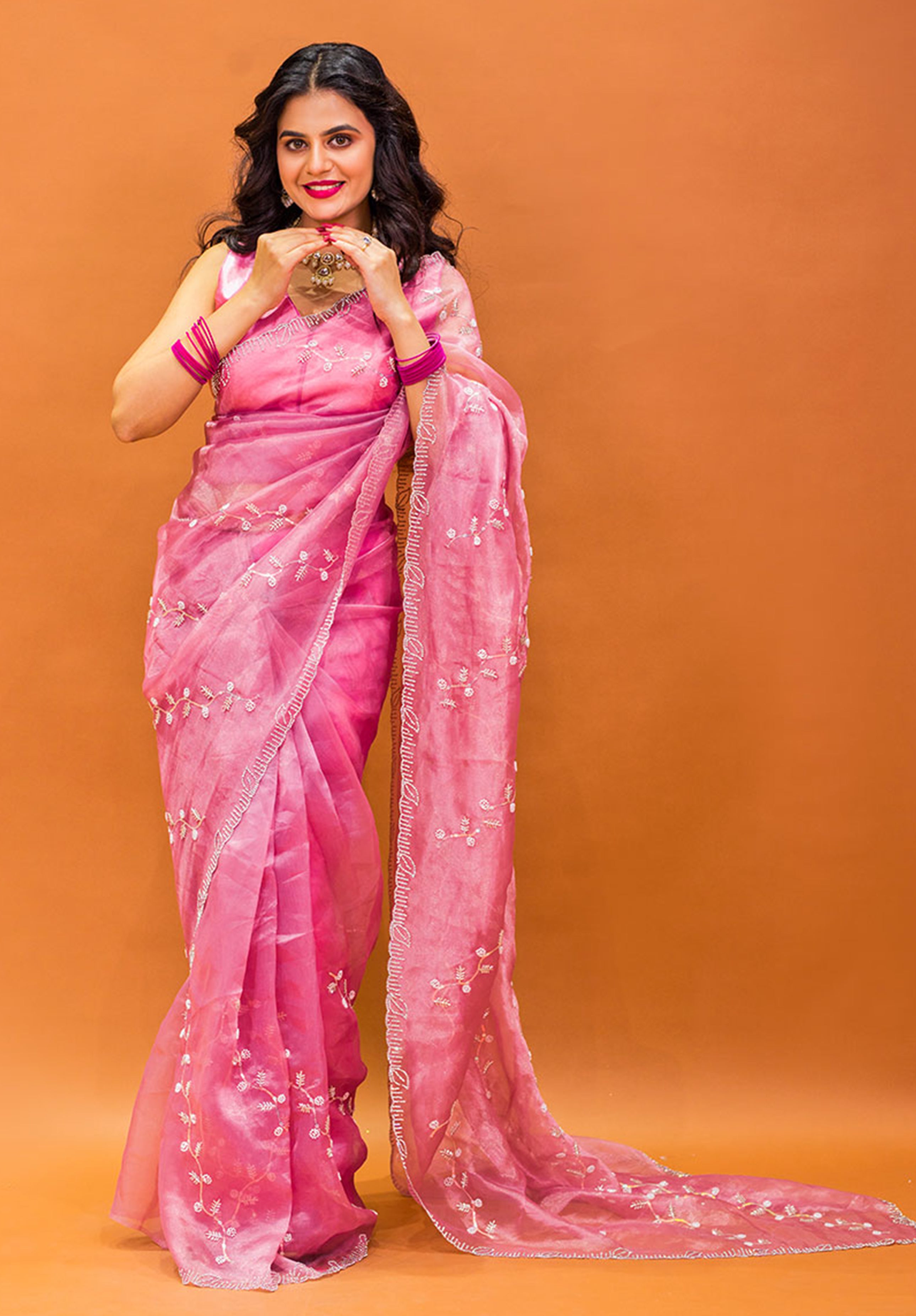 Women’s Woven Design Pure Organza Saree With Blouse Piece- Pink