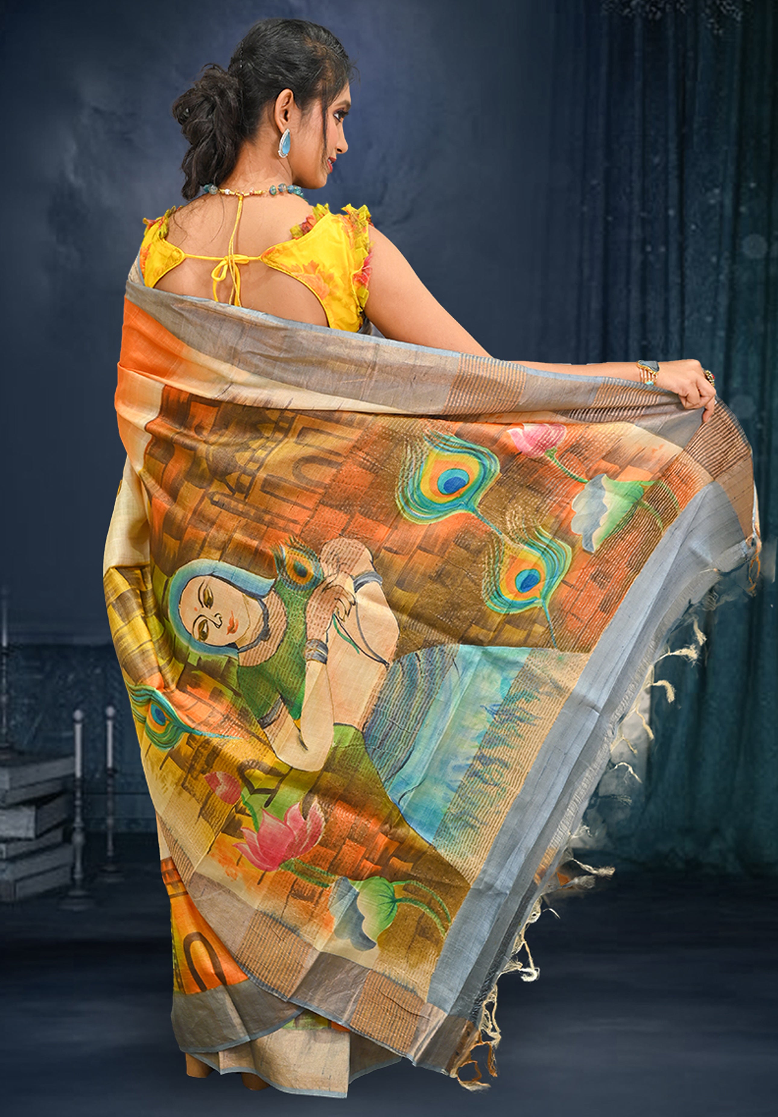 Pure silk handpaint Kalamkari Saree With Blouse Piece – Light Mustard