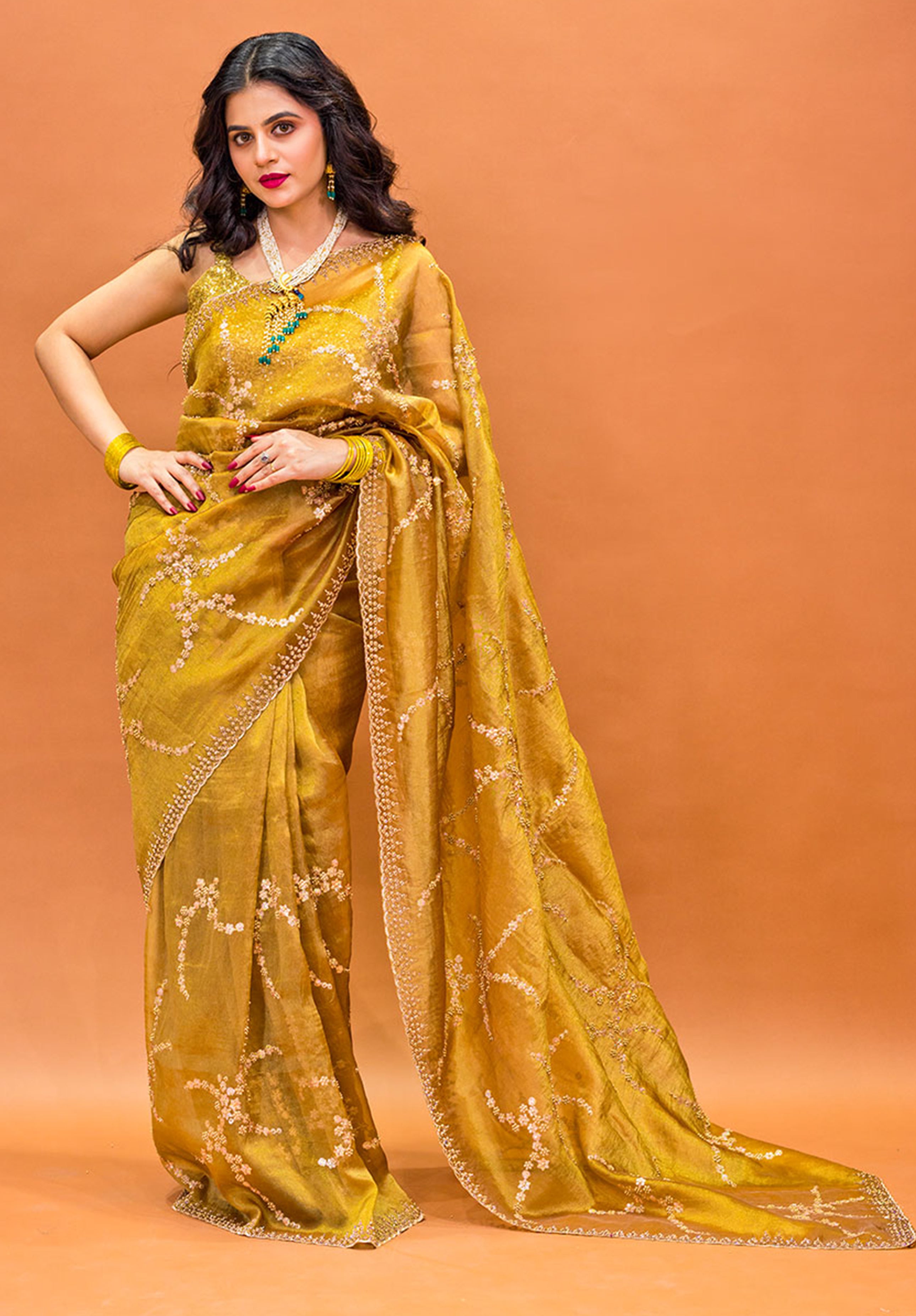Women’s Woven Design Pure Organza Saree With Blouse Piece- Lemon Yellow