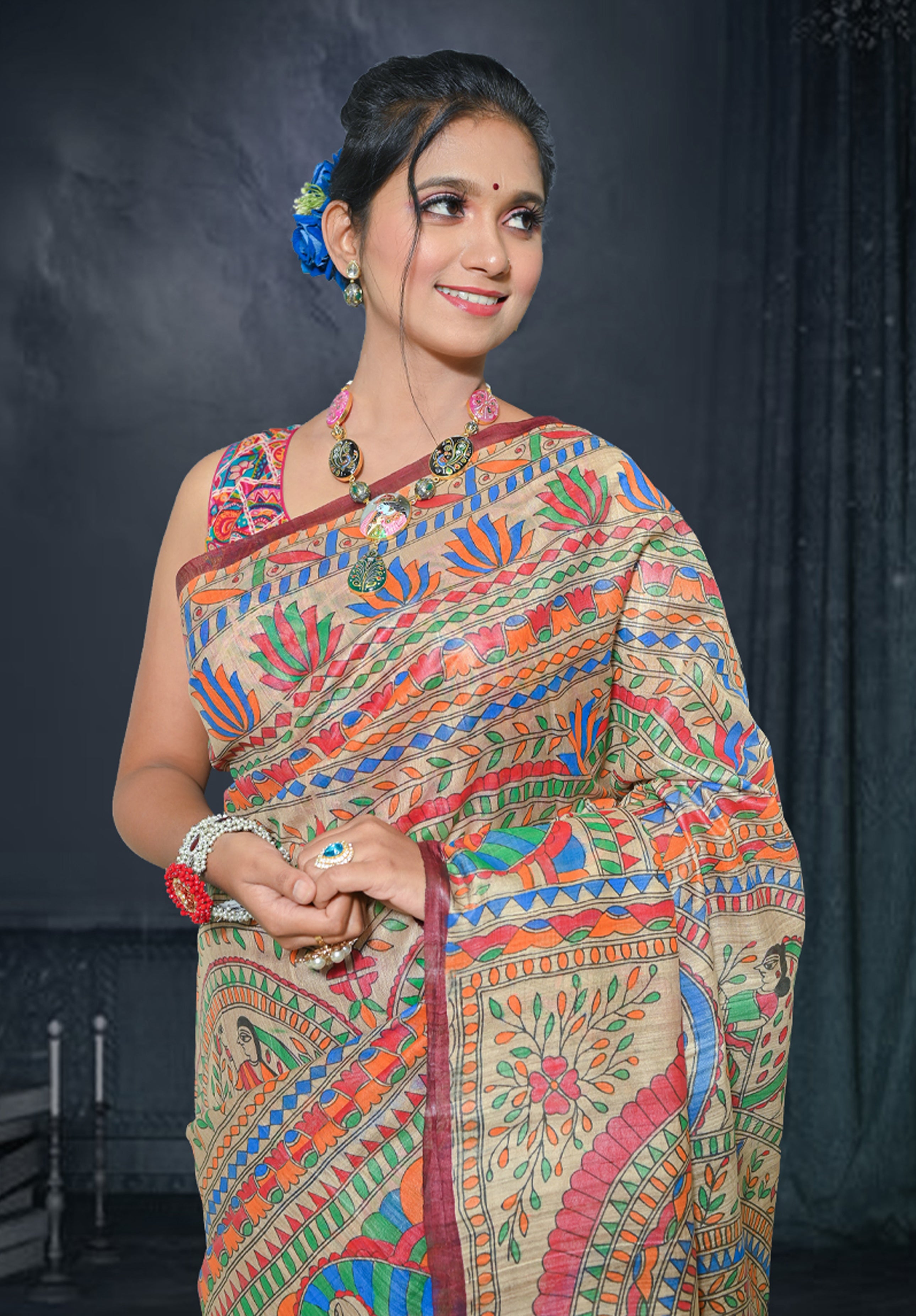 Pure Madhubani Saree With Blouse Piece – Brown