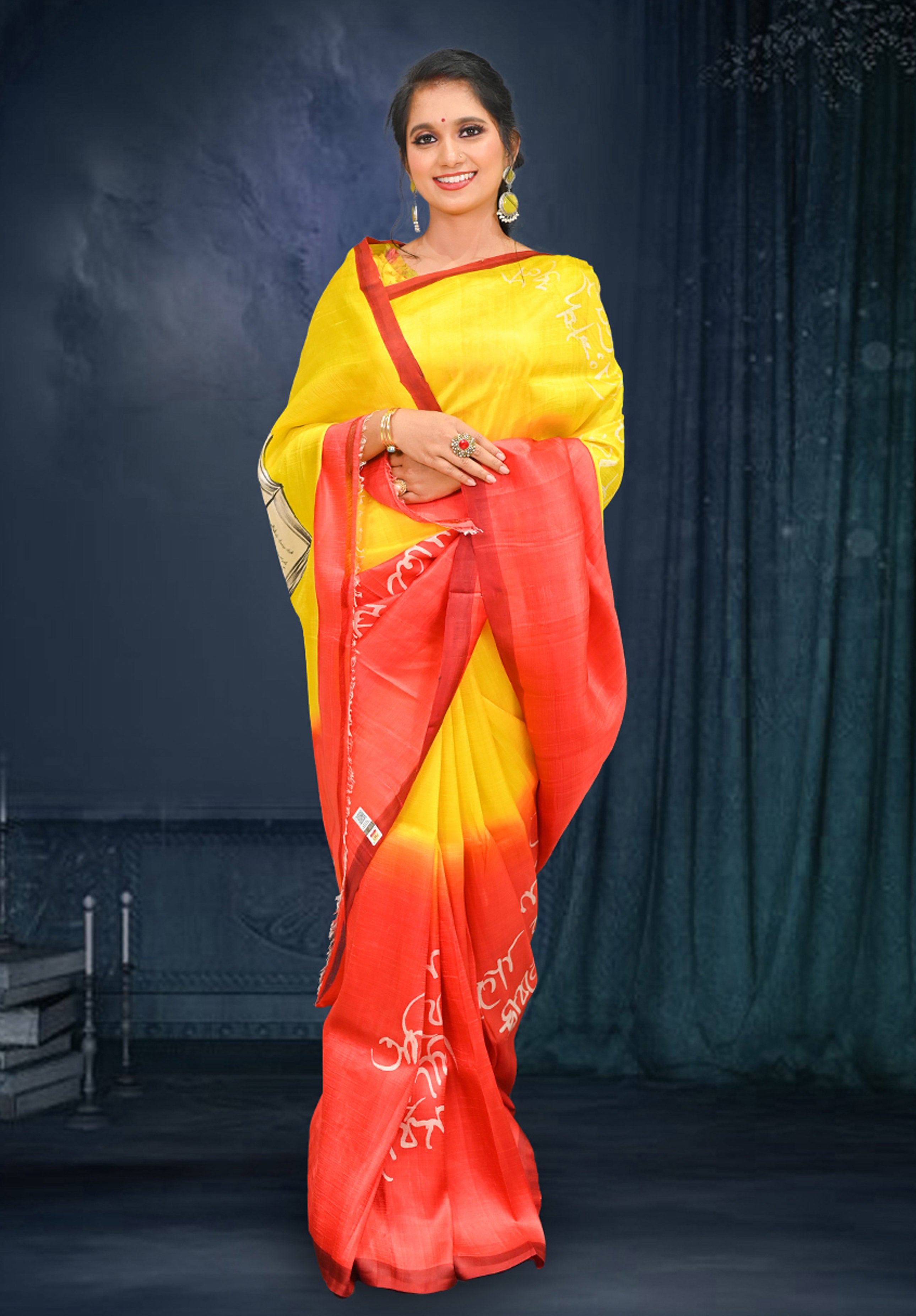 Pure silk handpaint Kalamkari Saree With Blouse Piece – Yellow Red