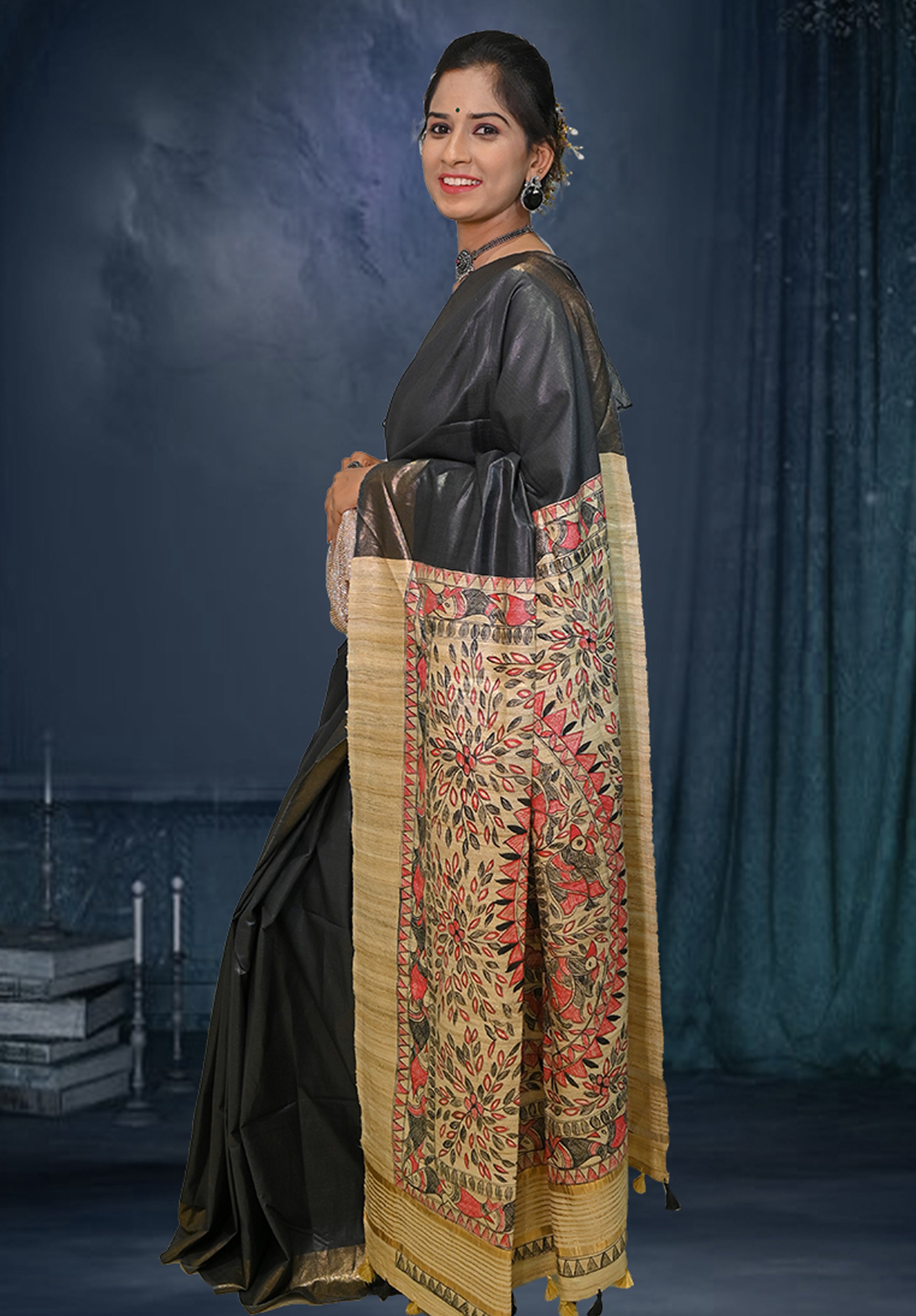 Pure Madhubani Saree With Blouse Piece – Black