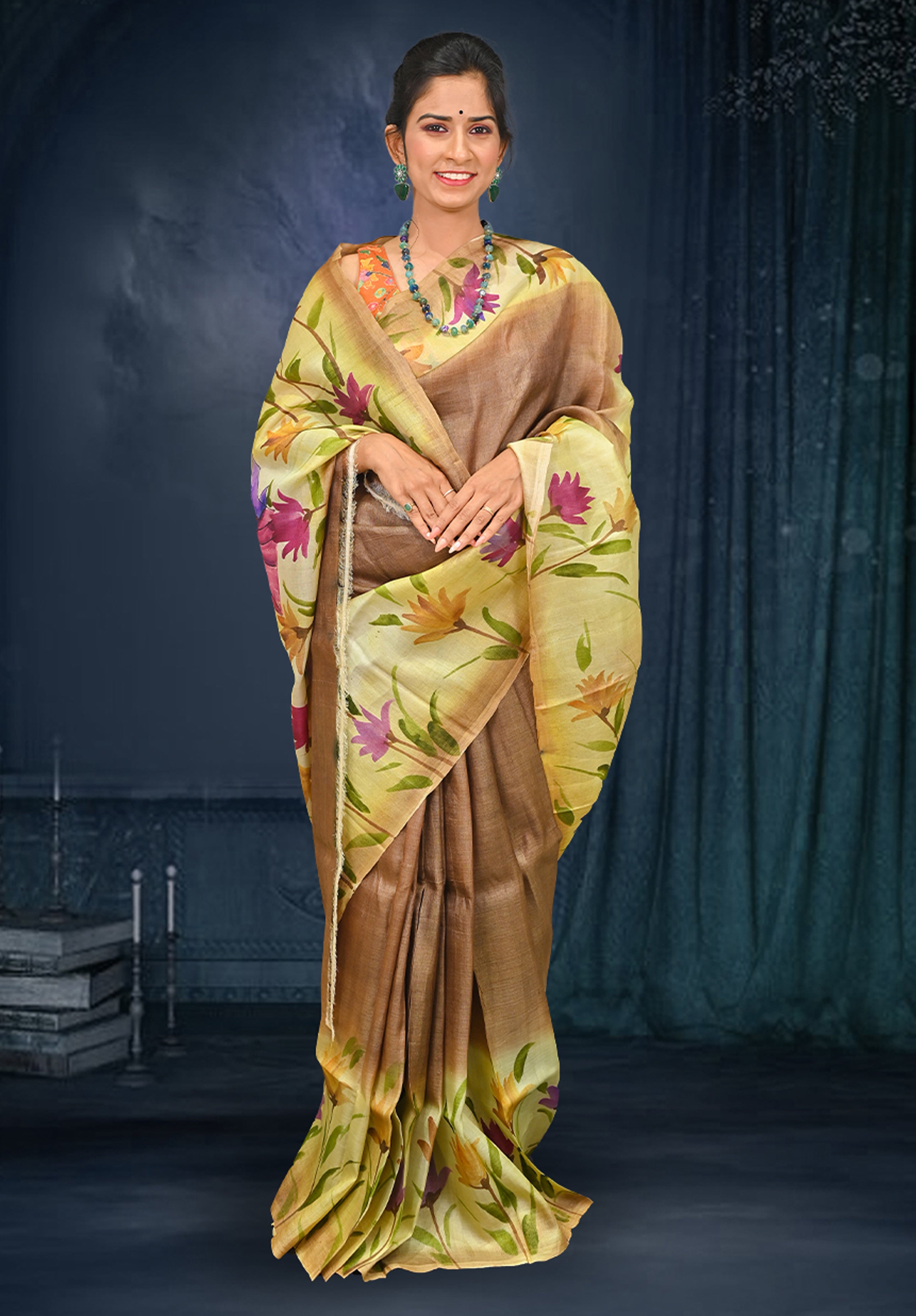 Pure silk handpaint Kalamkari Saree With Blouse Piece – Coffee