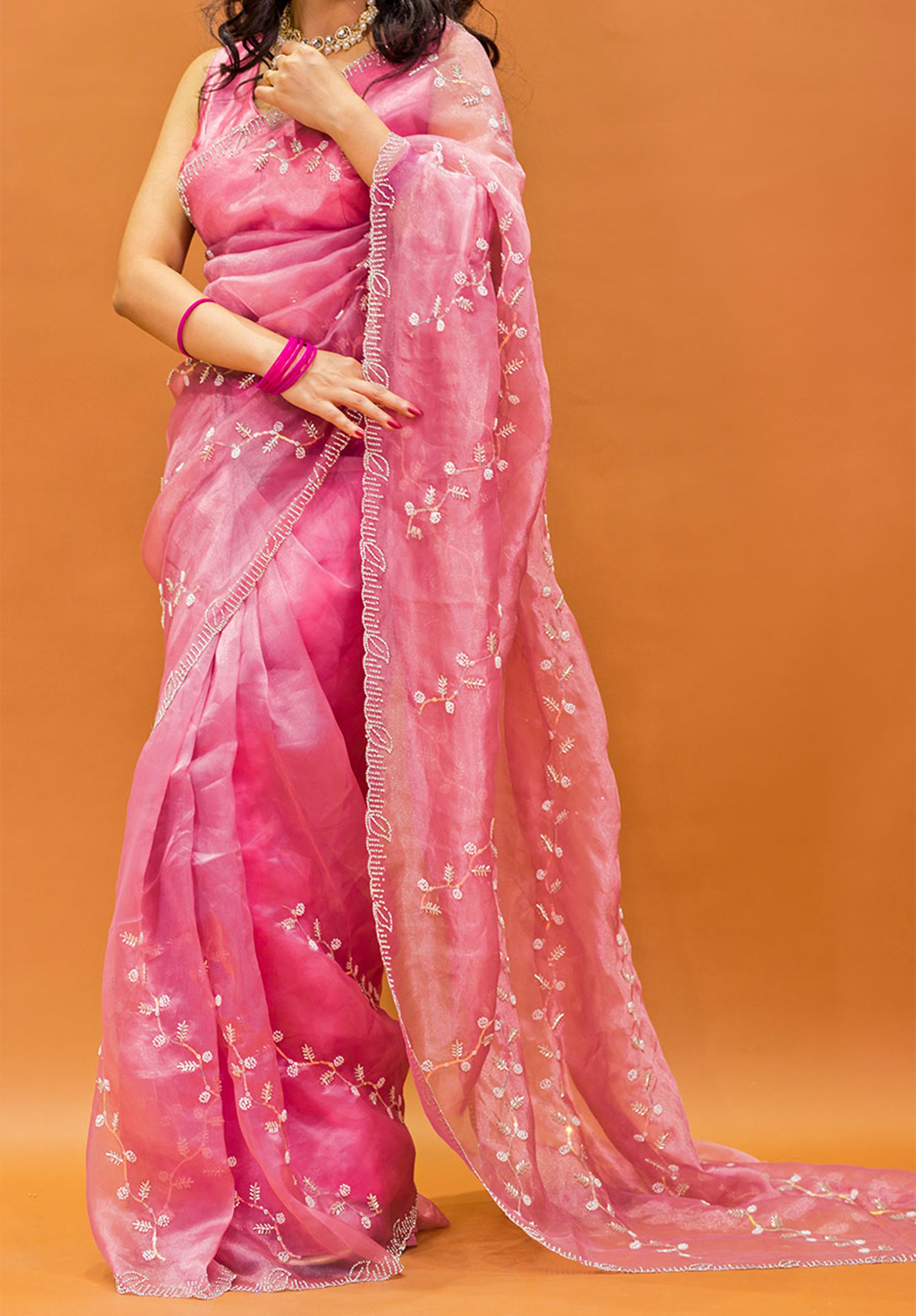 Women’s Woven Design Pure Organza Saree With Blouse Piece- Pink