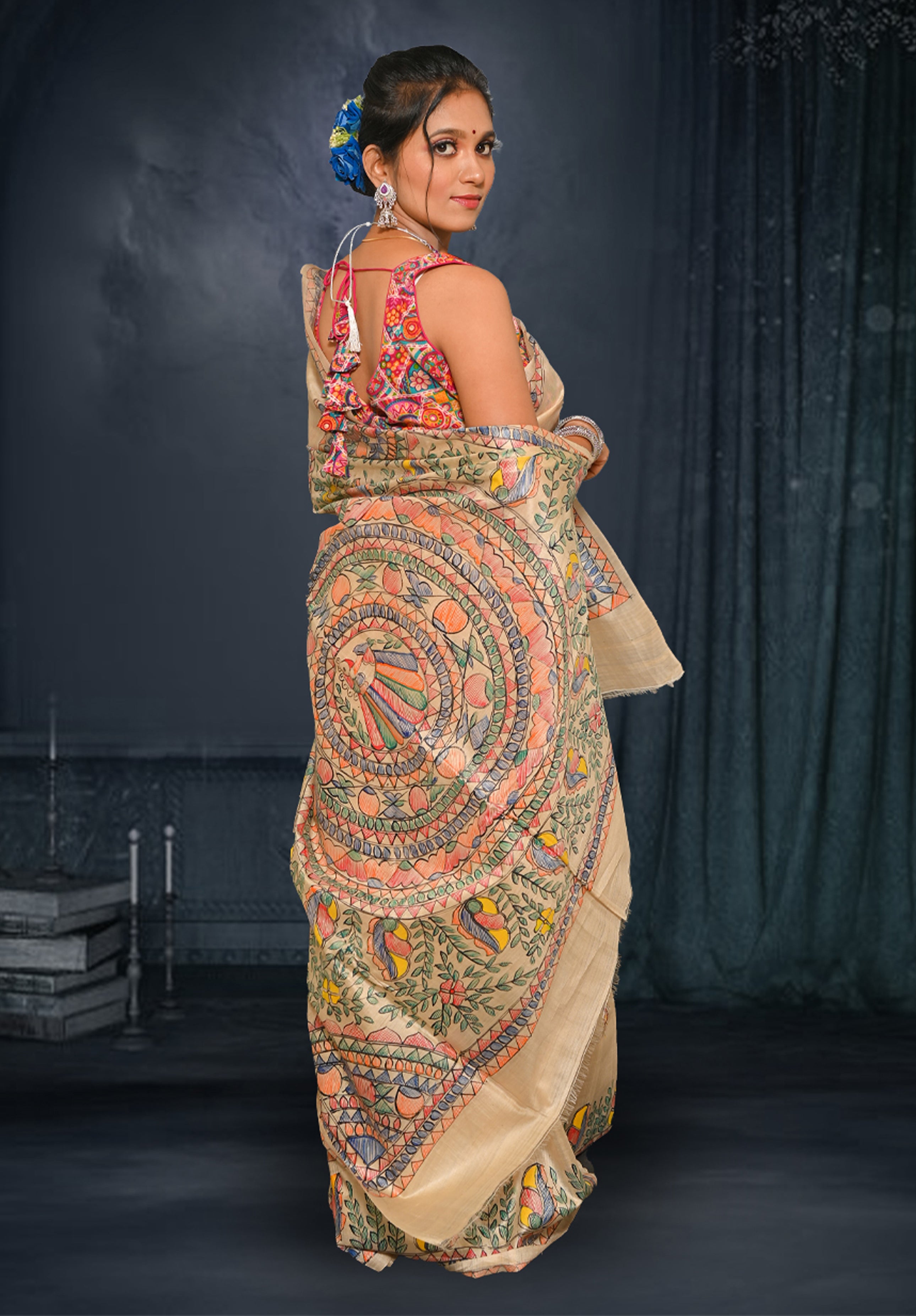 Pure Madhubani Saree With Blouse Piece – Cream