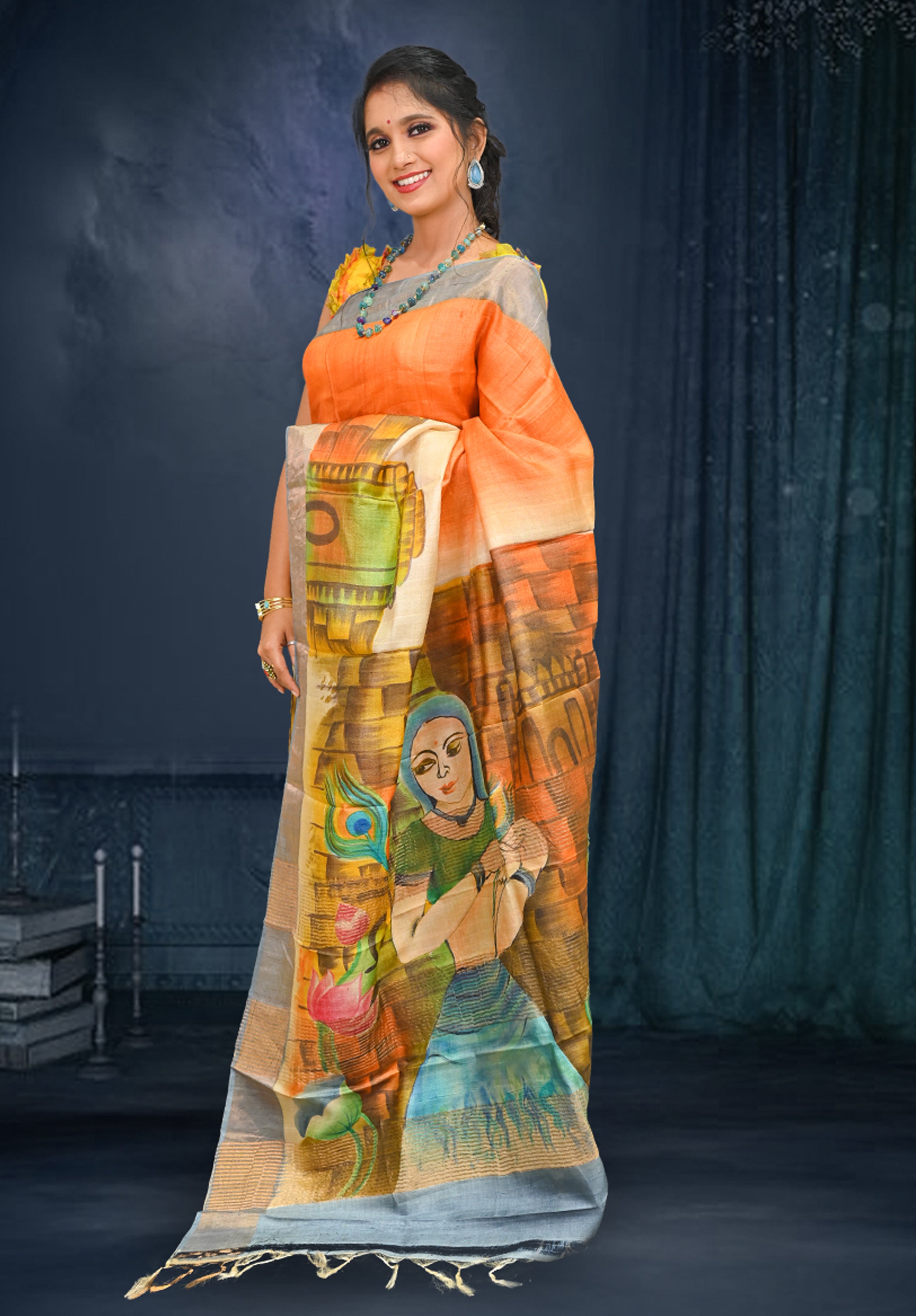 Pure silk handpaint Kalamkari Saree With Blouse Piece – Light Mustard
