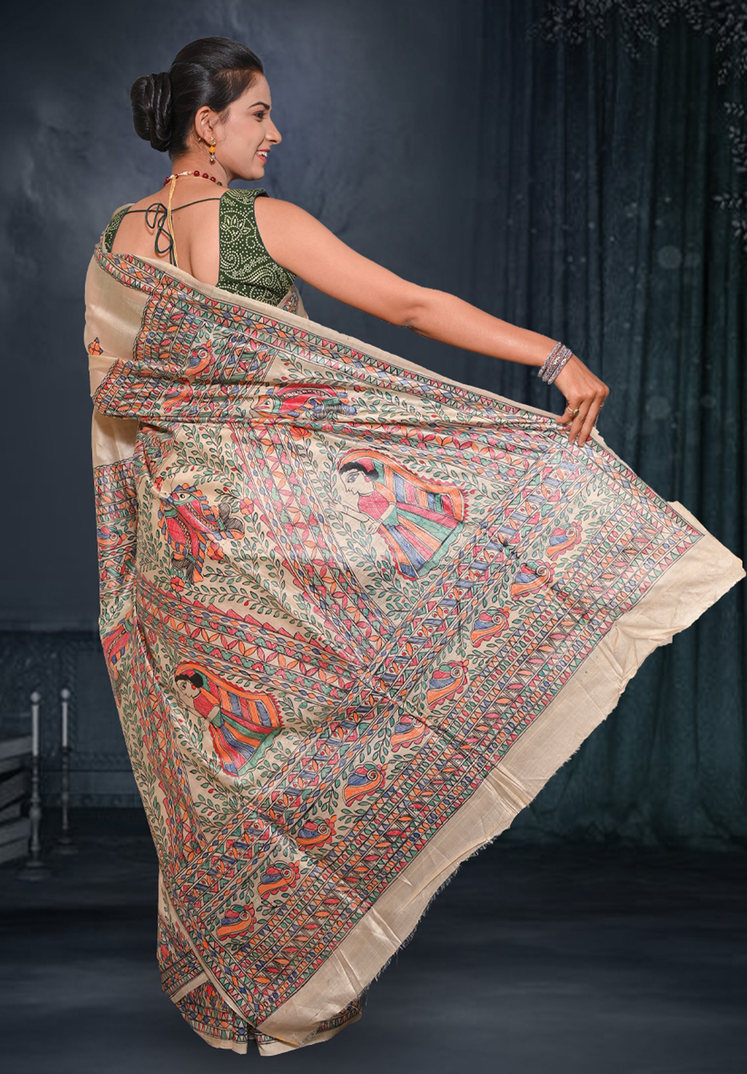 Pure Madhubani Saree With Blouse Piece – Cream