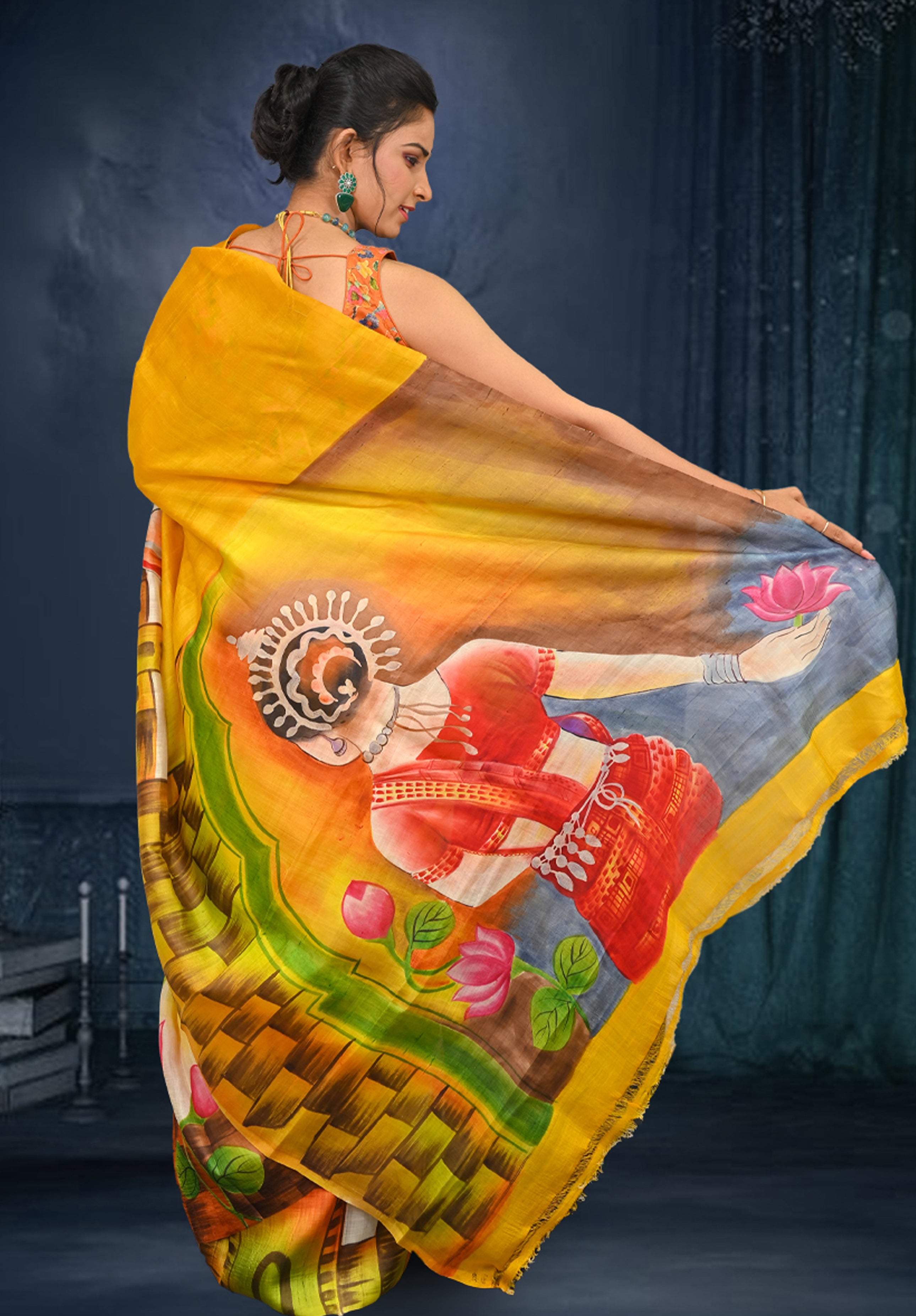 Pure silk handpaint Kalamkari Saree With Blouse Piece – Mustard Yellow