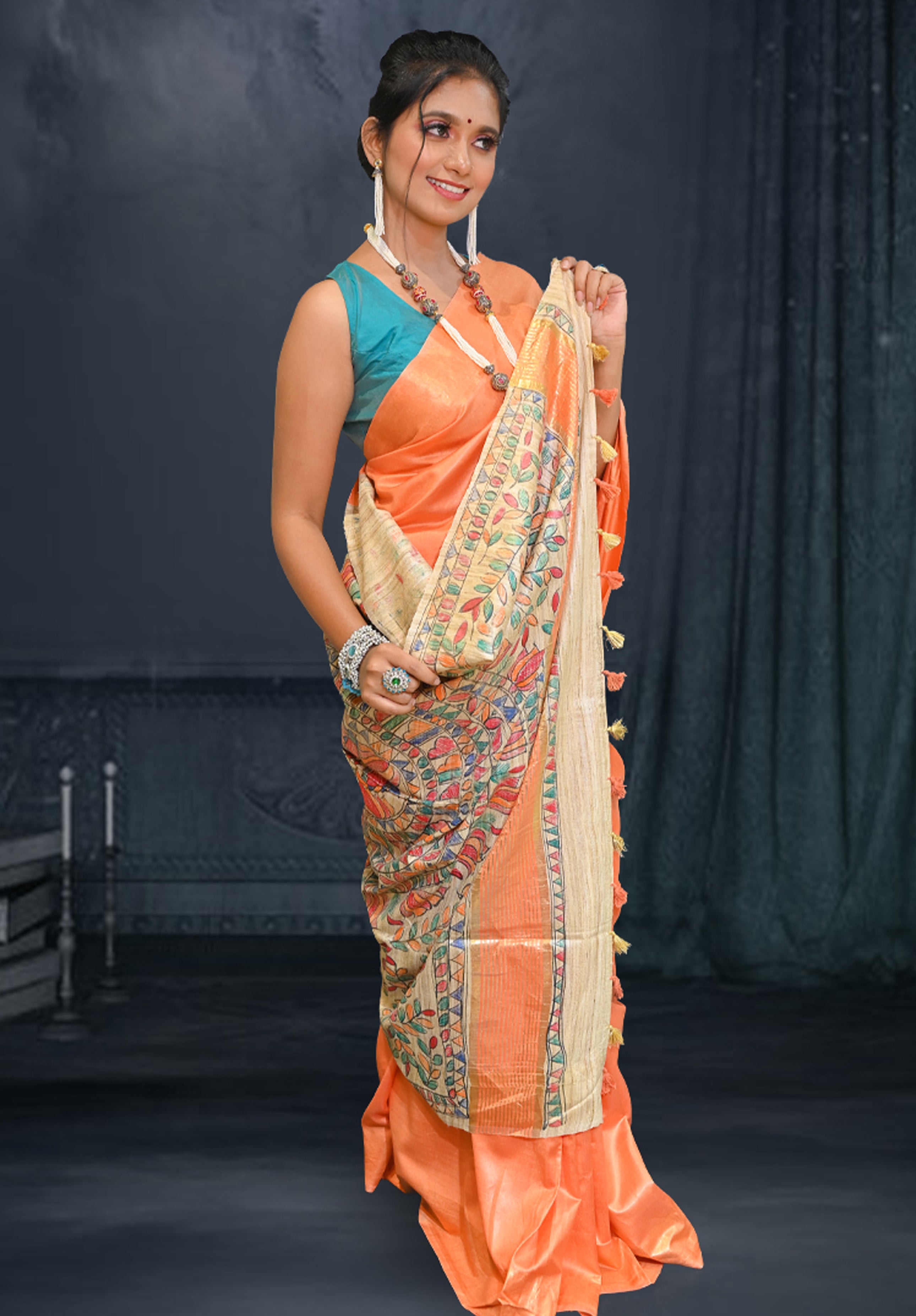 Pure Madhubani Saree With Blouse Piece – Orange