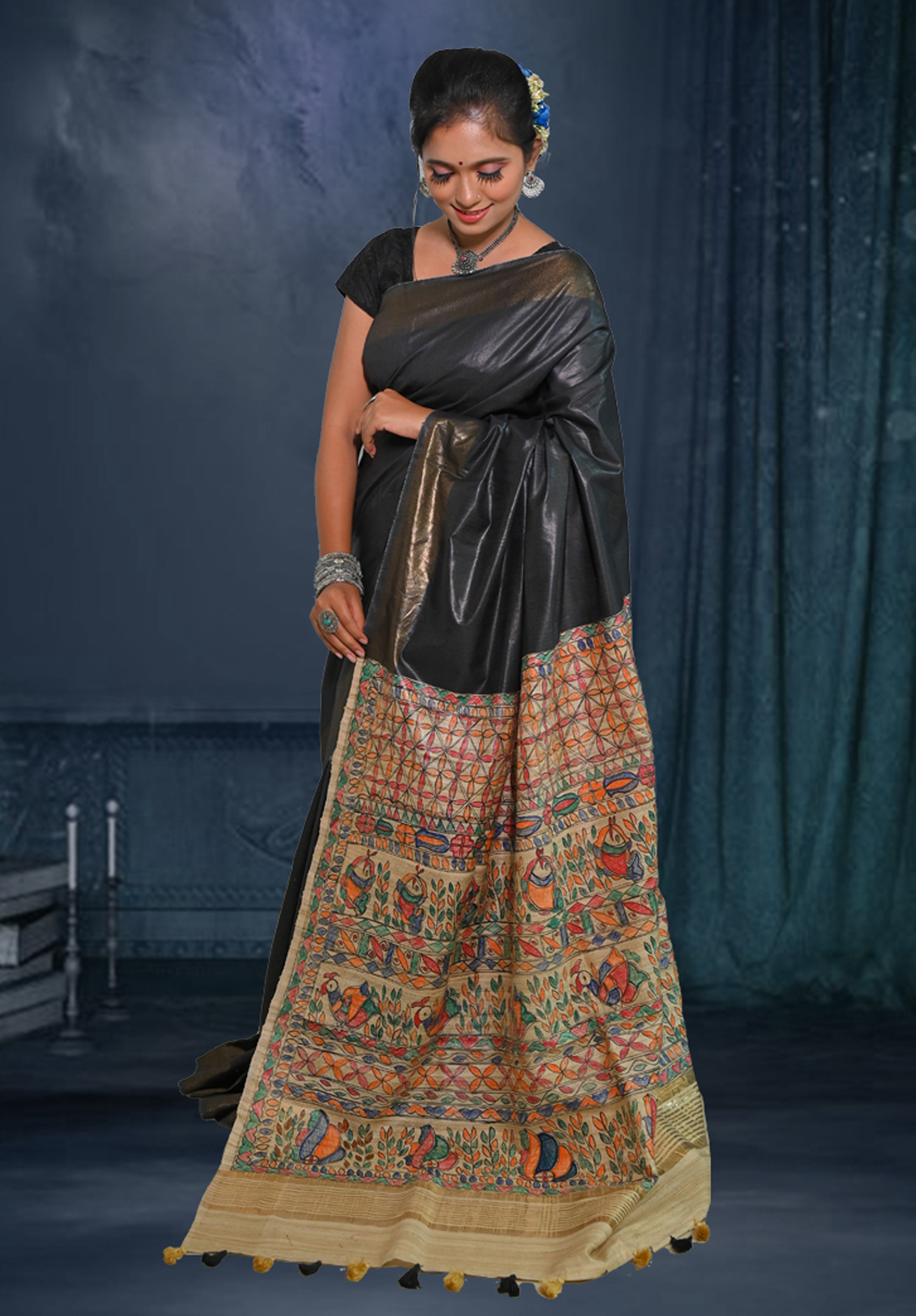 Pure Madhubani Saree With Blouse Piece – Black