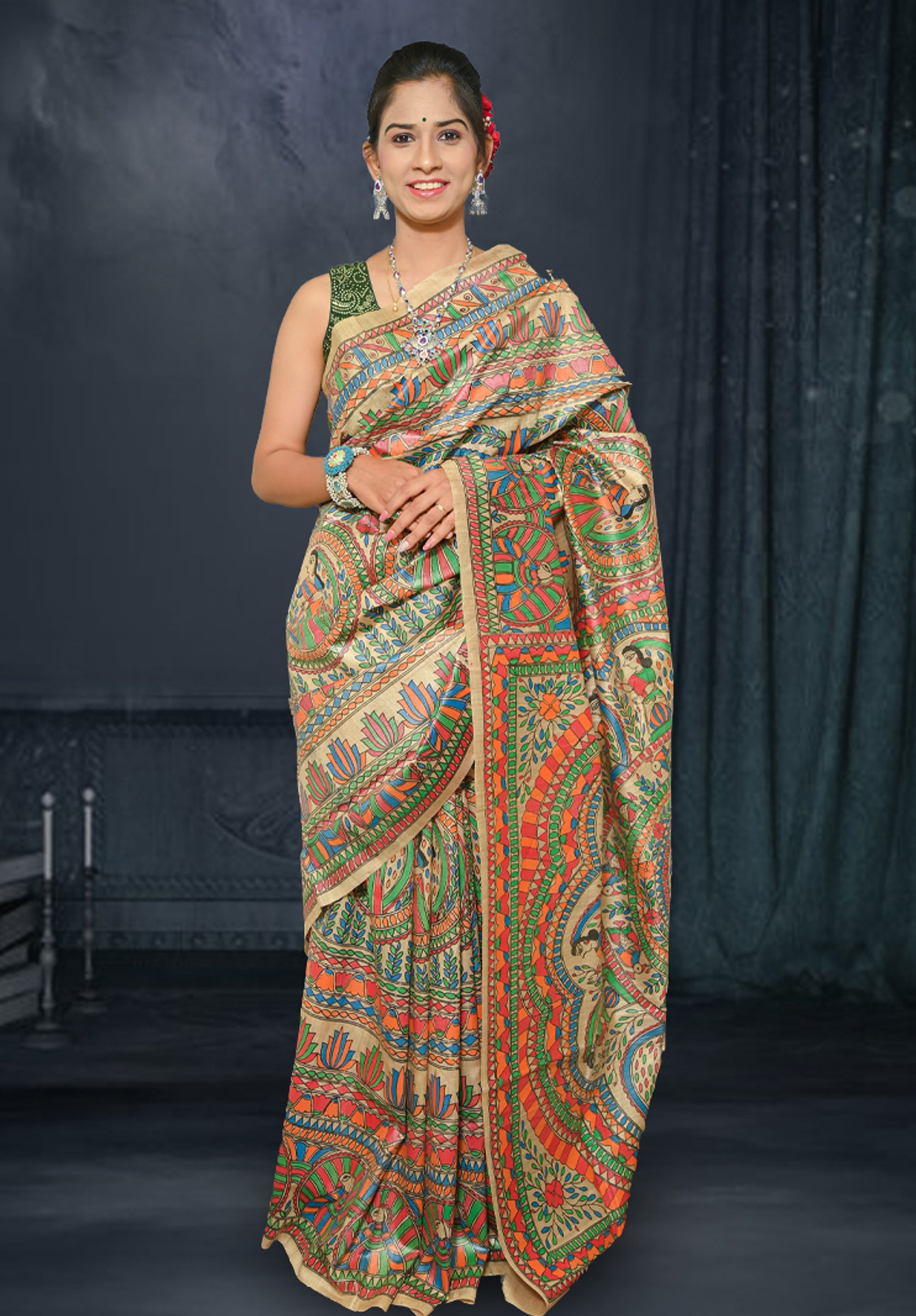 Pure Madhubani Saree With Blouse Piece – Cream