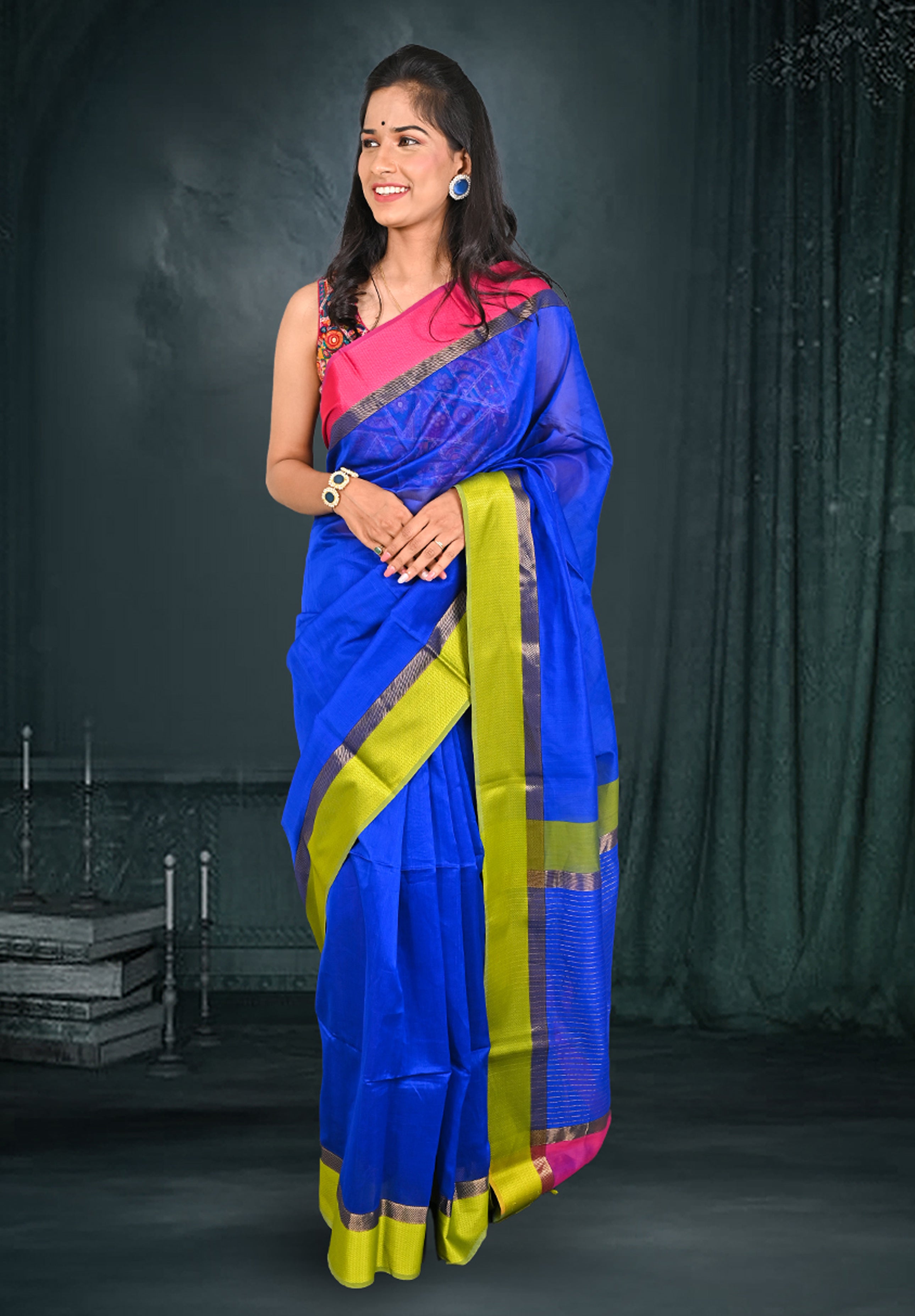 Pure Maheshwari Saree With Blouse Piece – Blue