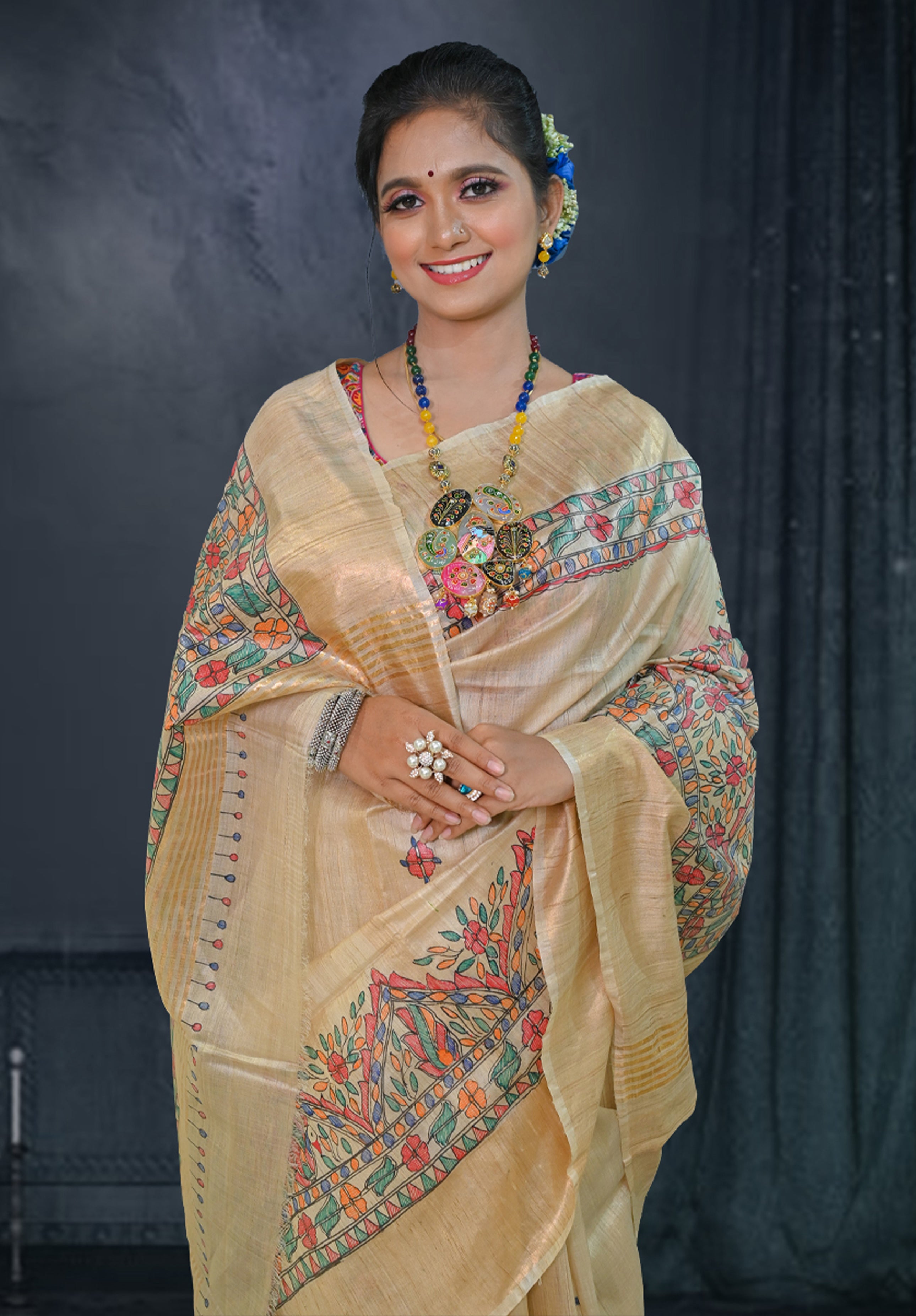 Pure Madhubani Saree With Blouse Piece – Cream