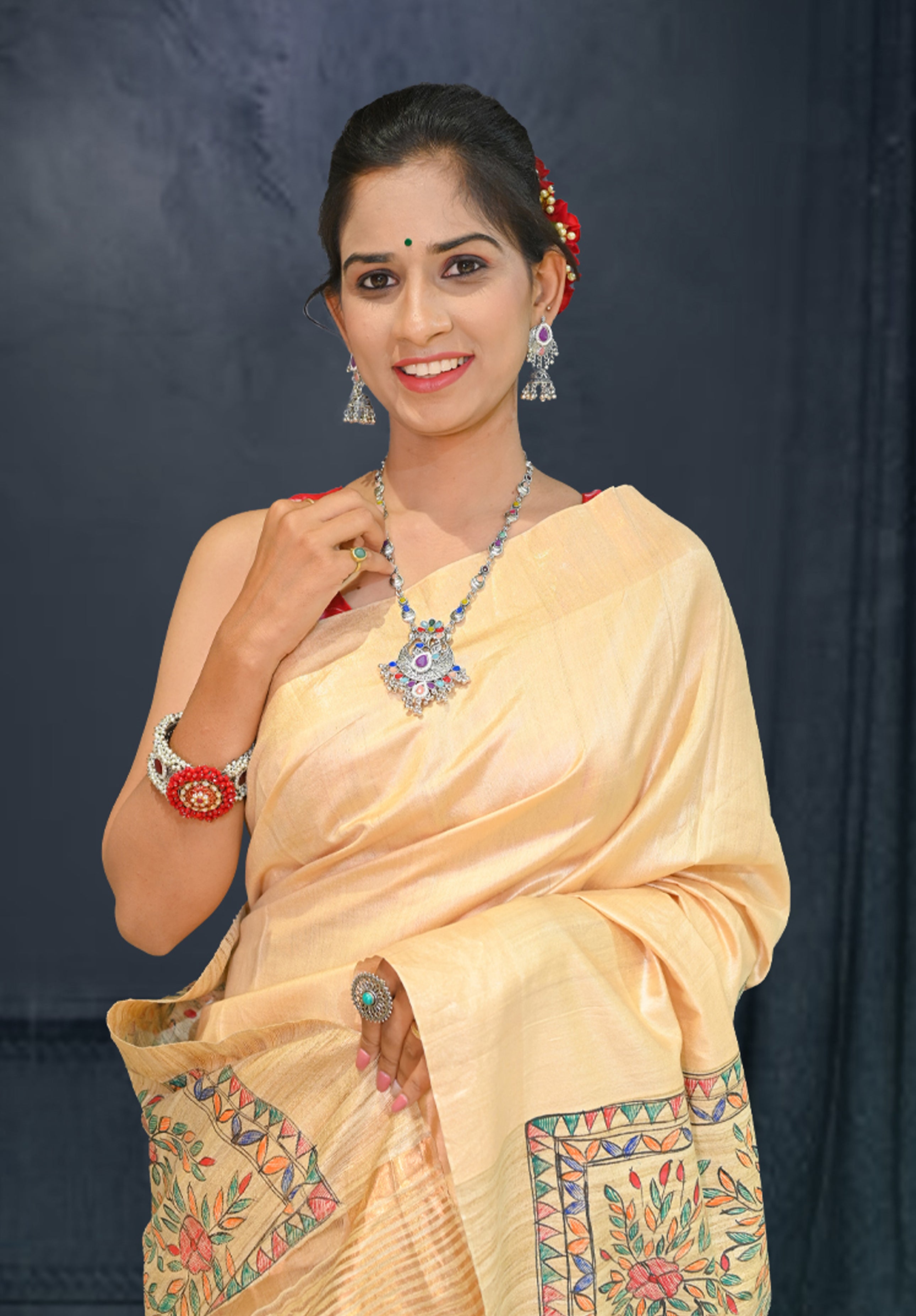 Pure Madhubani Saree With Blouse Piece – Cream