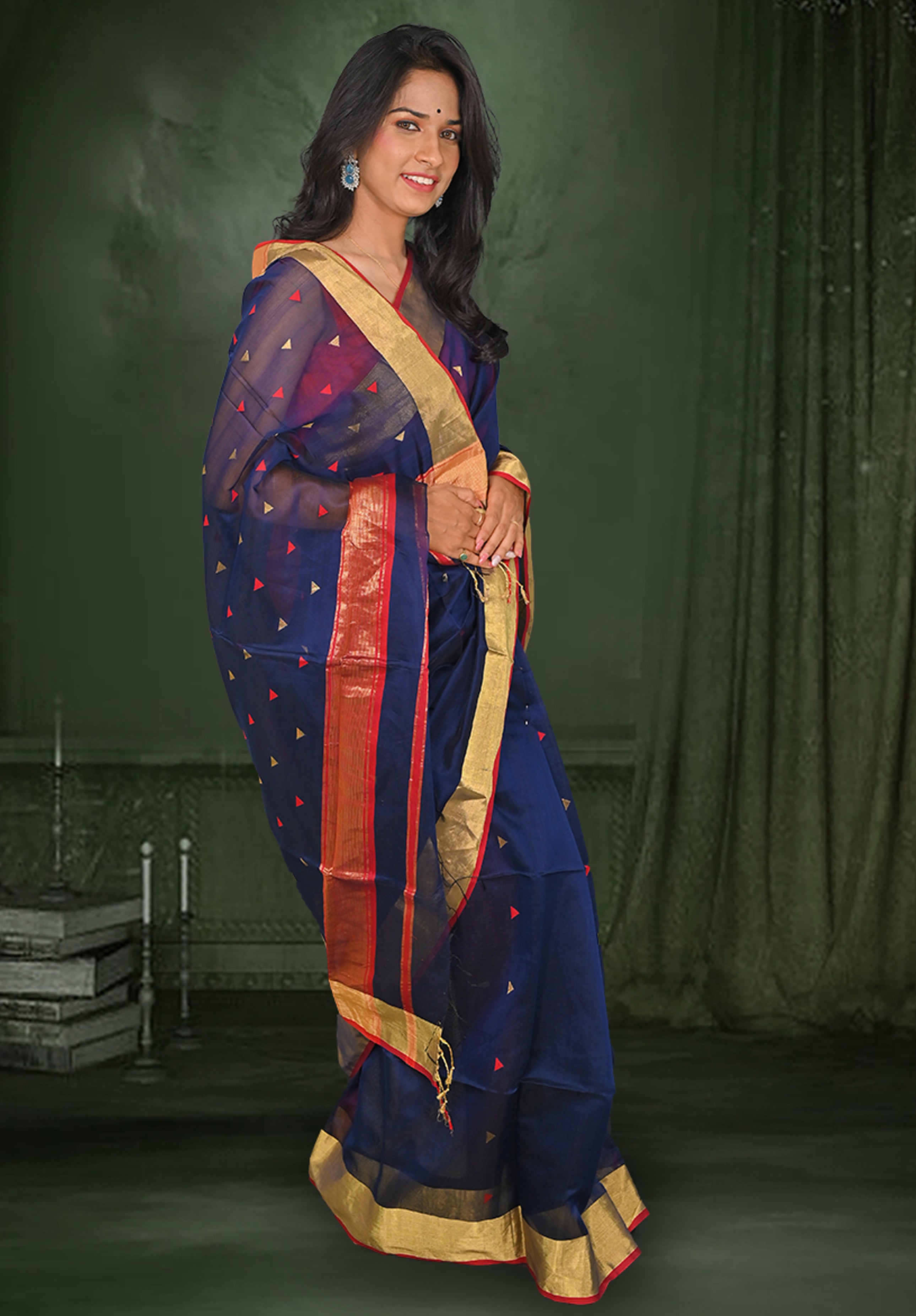Pure Maheshwari Saree With Blouse Piece – Primary Blue