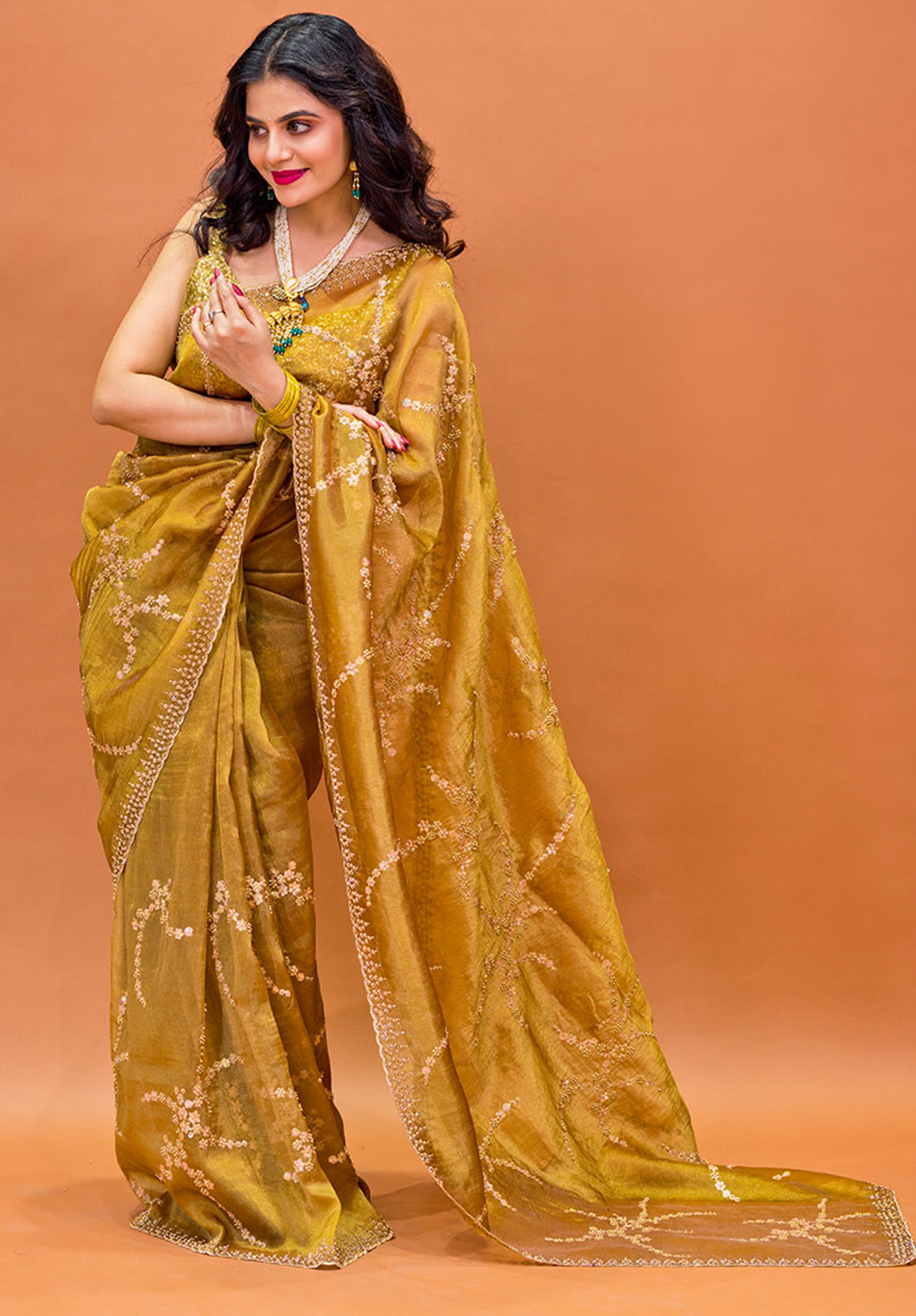 Women’s Woven Design Pure Organza Saree With Blouse Piece- Lemon Yellow