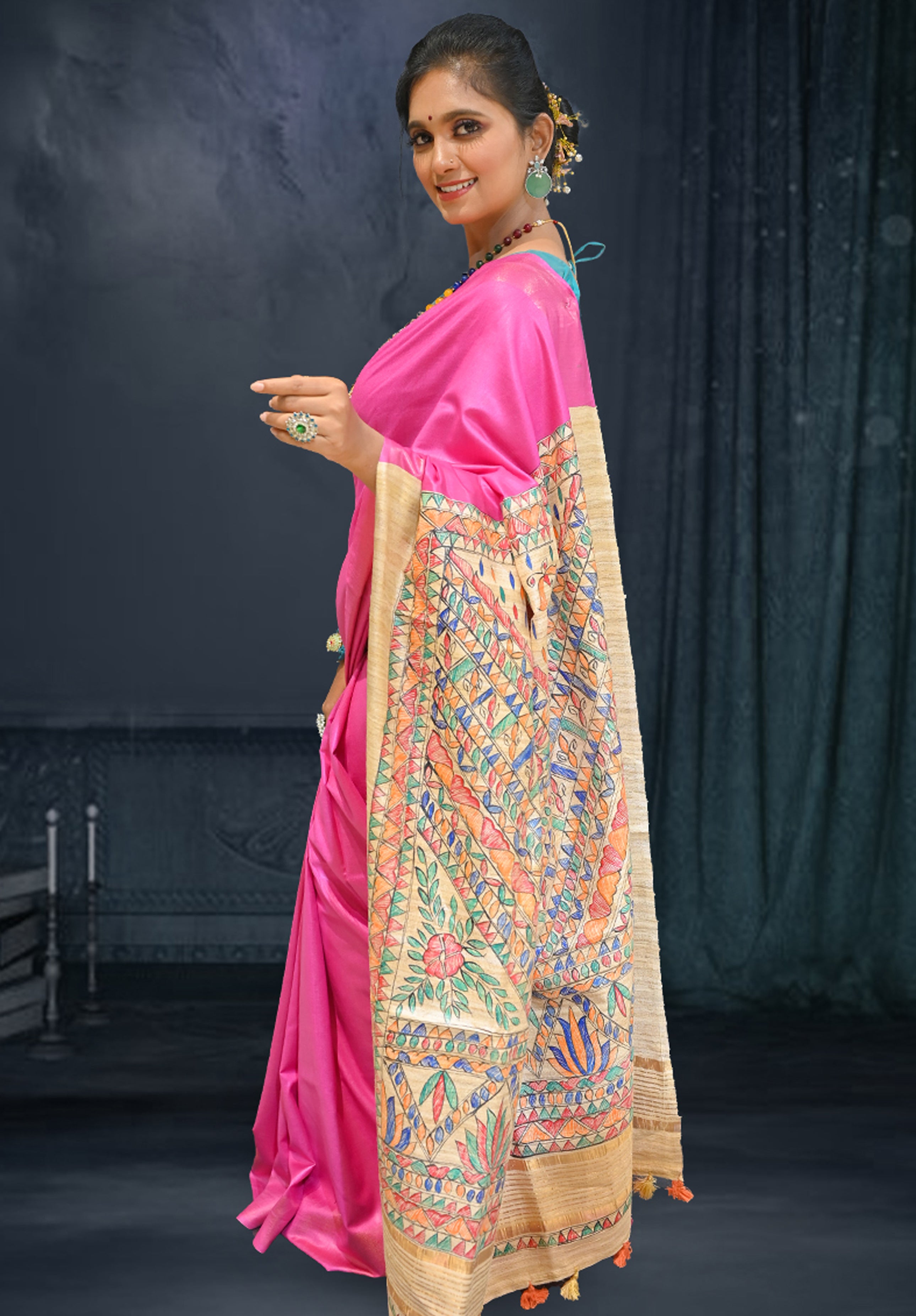 Pure Madhubani Saree With Blouse Piece – Pink