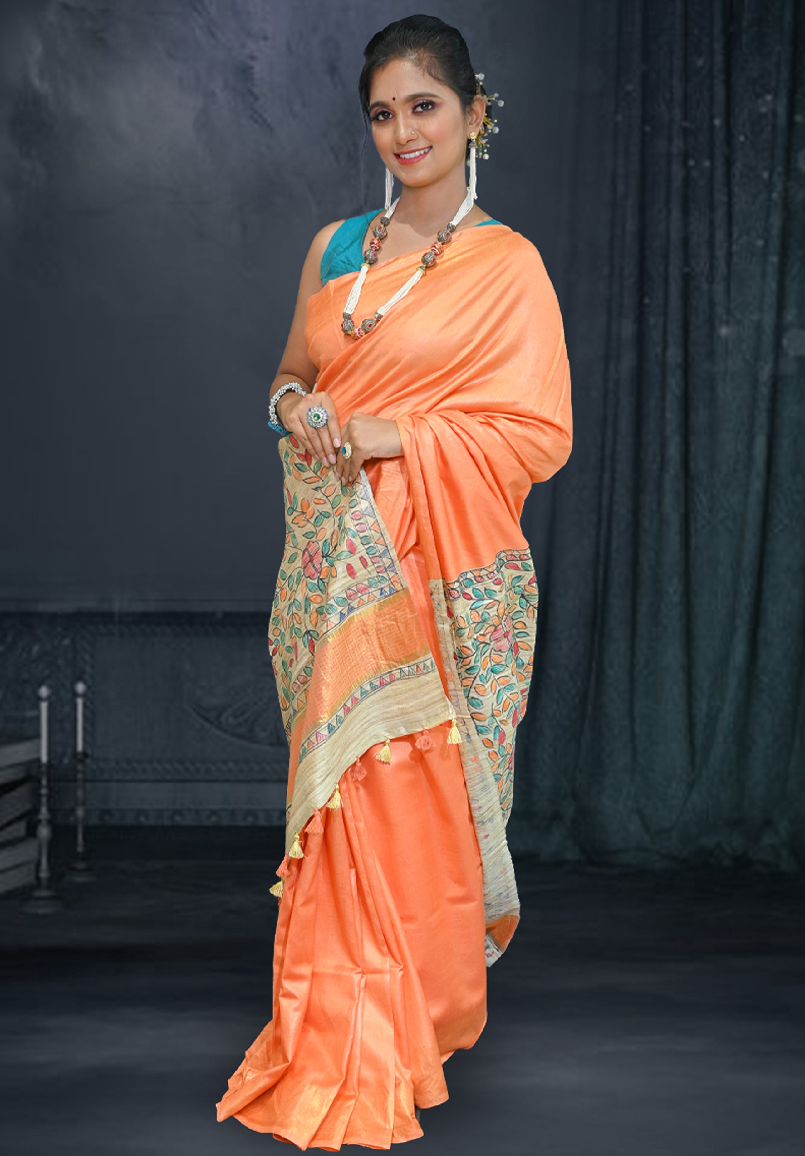 Pure Madhubani Saree With Blouse Piece – Orange