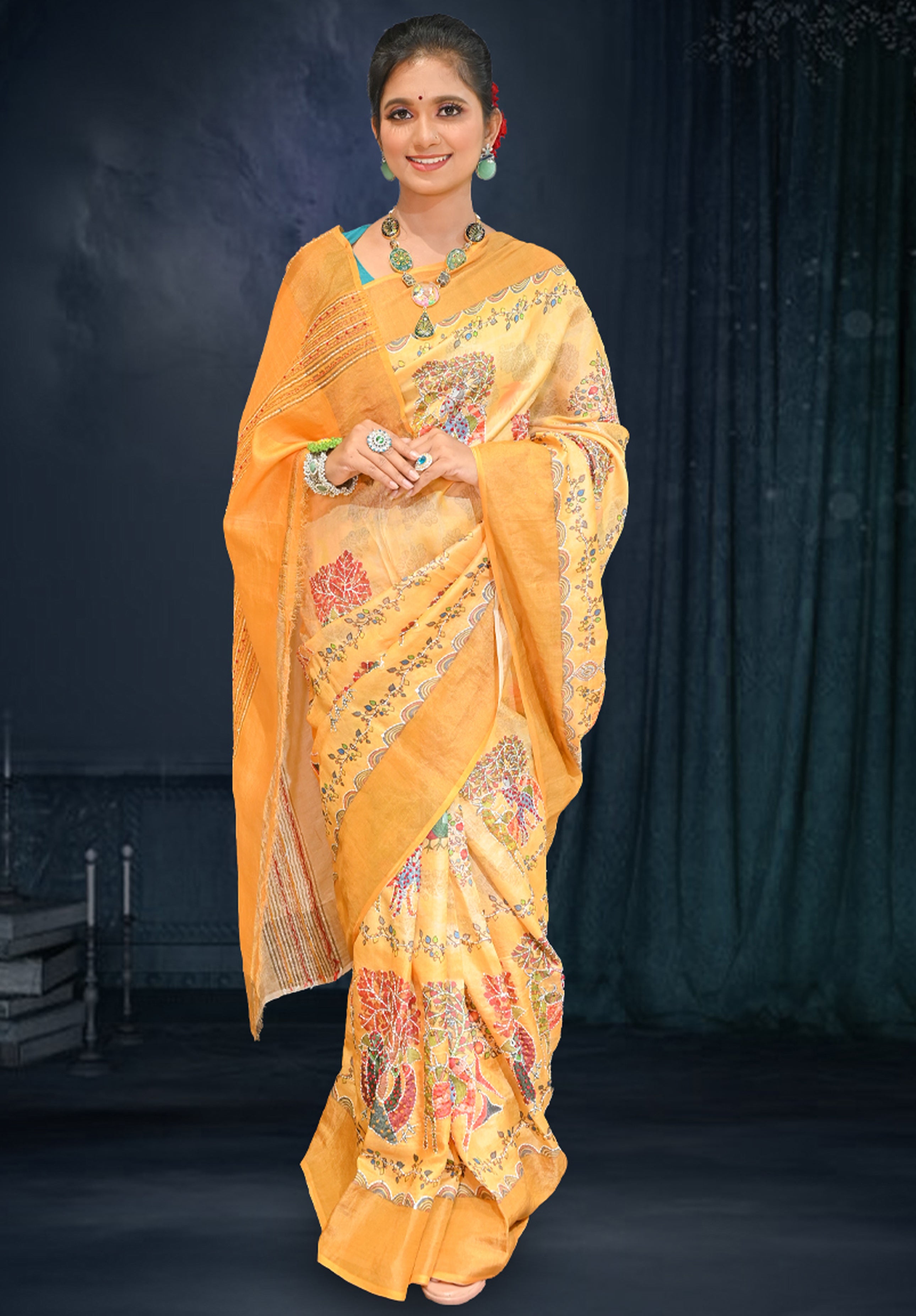 Pure Kantha stich Saree With Blouse Piece – Peach
