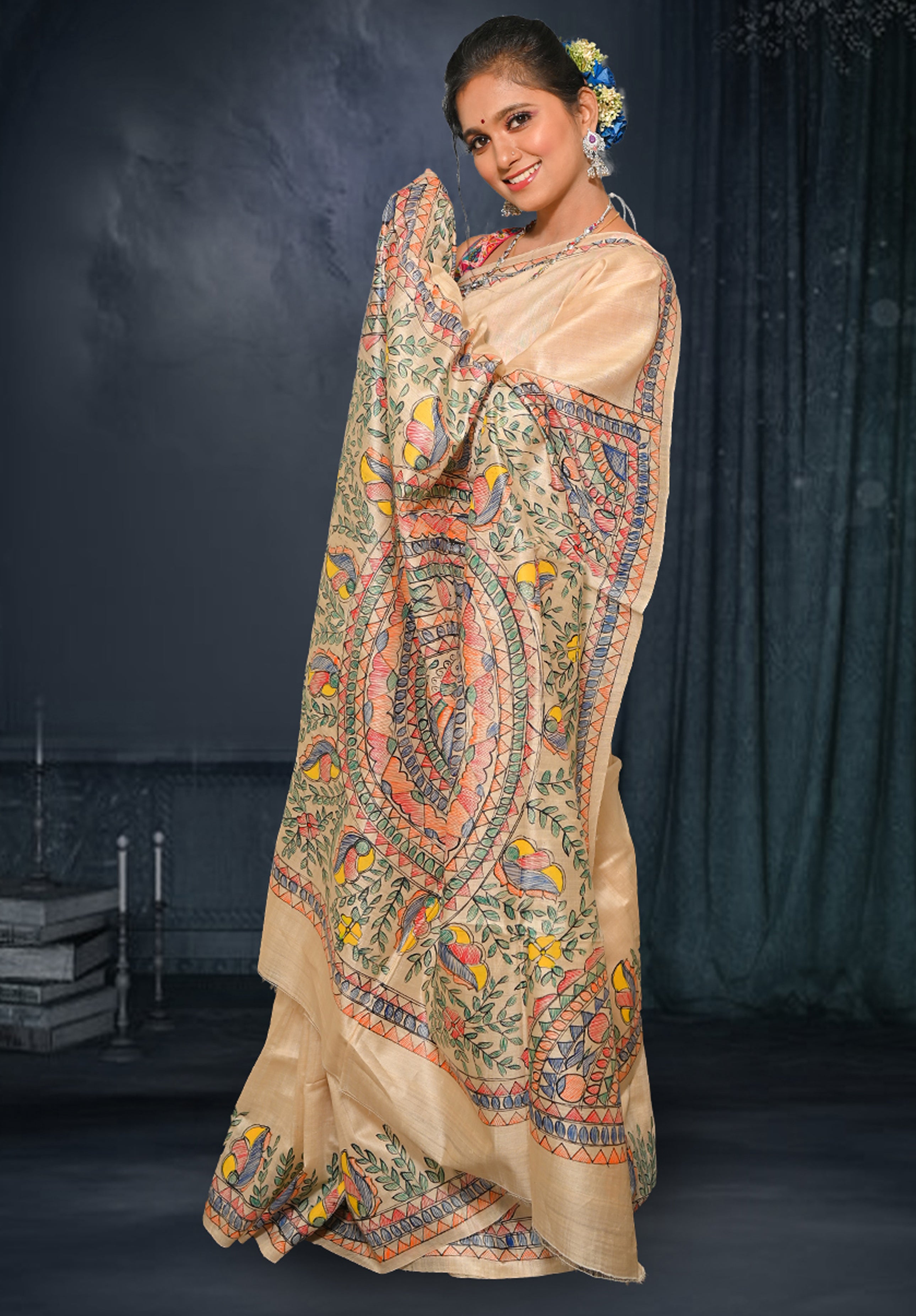 Pure Madhubani Saree With Blouse Piece – Cream