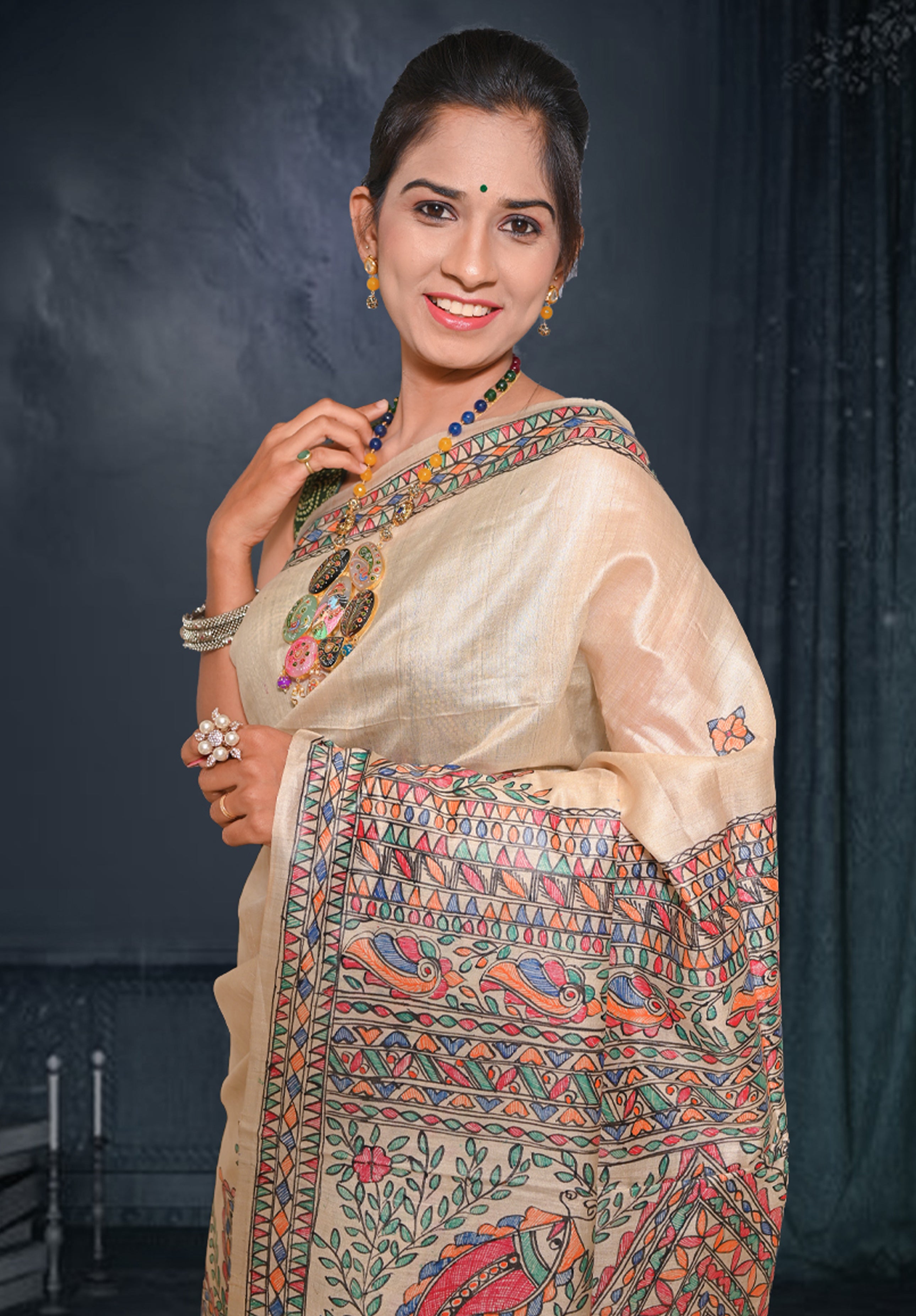 Pure Madhubani Saree With Blouse Piece – Cream