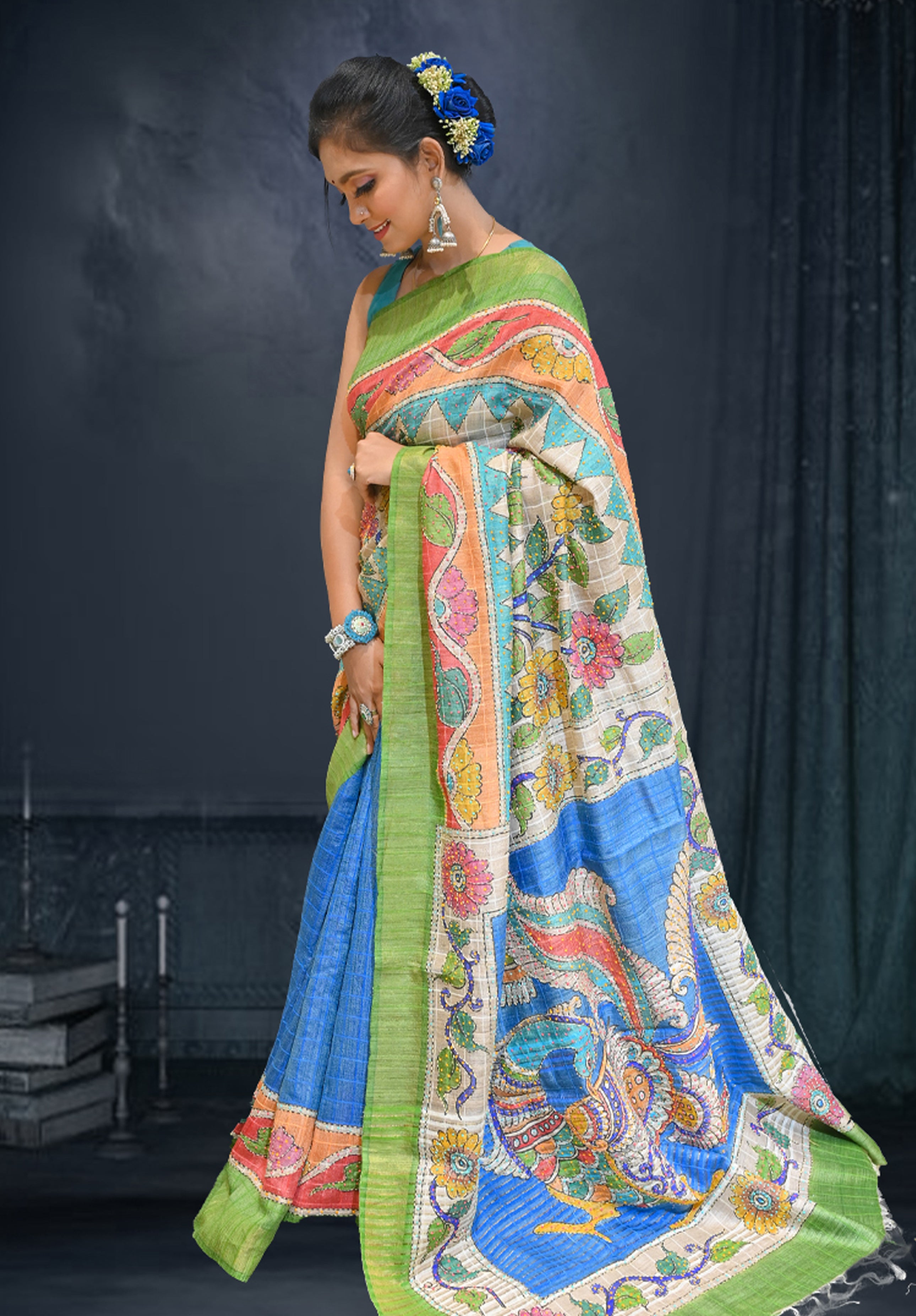 Pure Kantha stich Saree With Blouse Piece – Blue