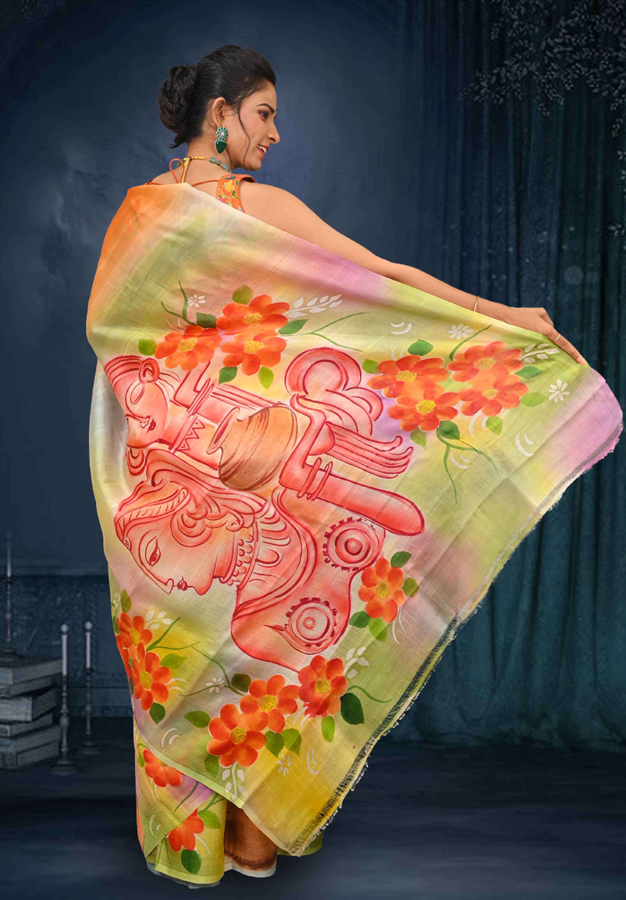 Pure silk handpaint Kalamkari Saree With Blouse Piece – Mustard