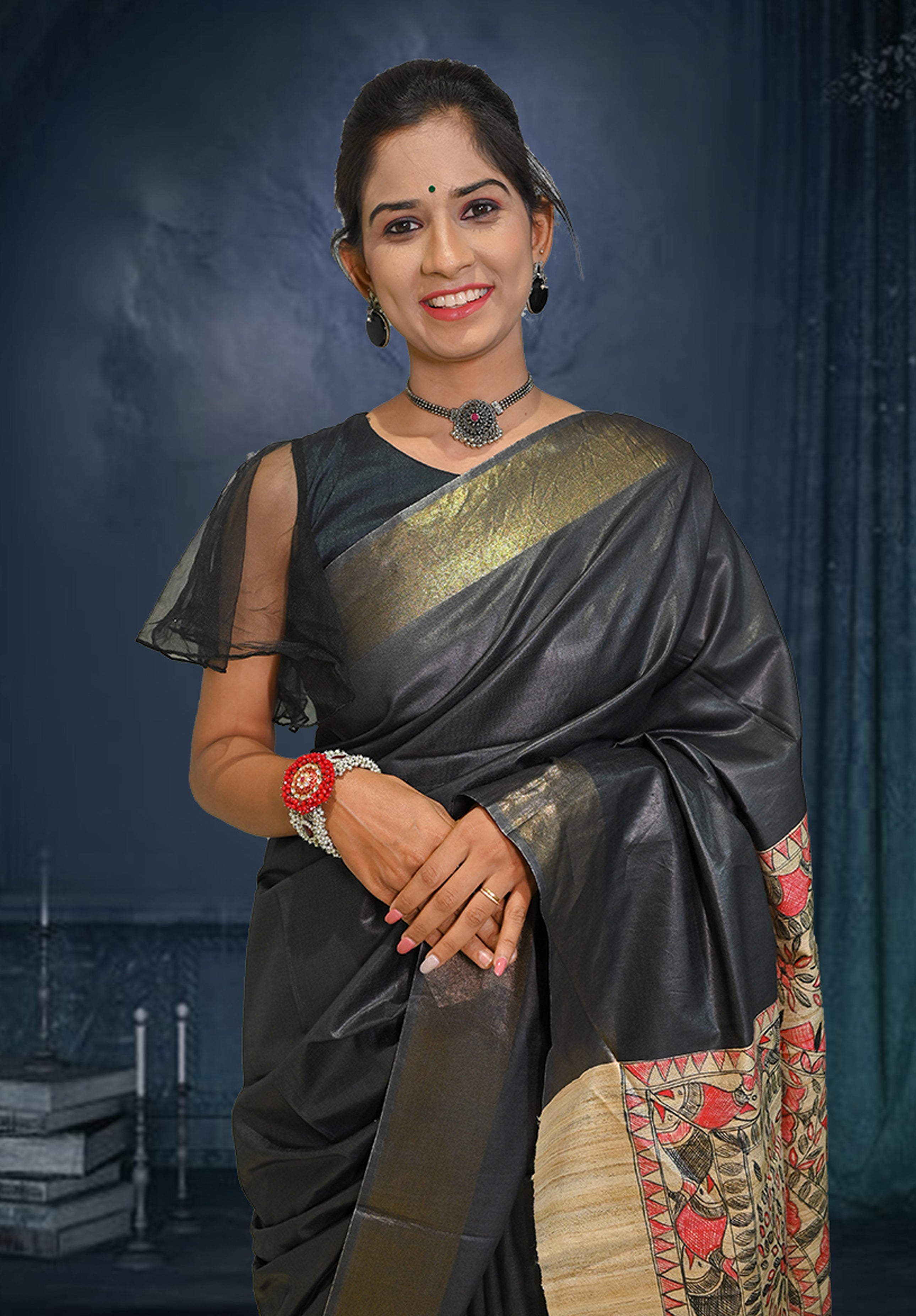 Pure Madhubani Saree With Blouse Piece – Black