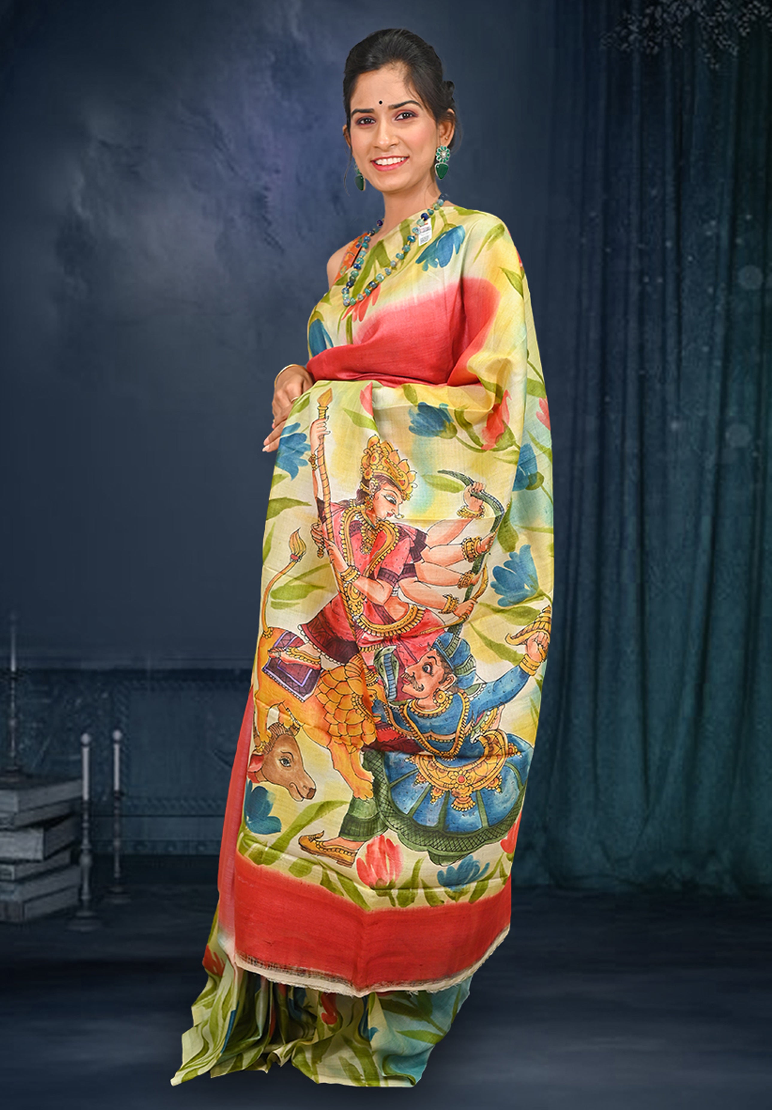Pure silk handpaint Kalamkari Saree With Blouse Piece – Dark Maroon