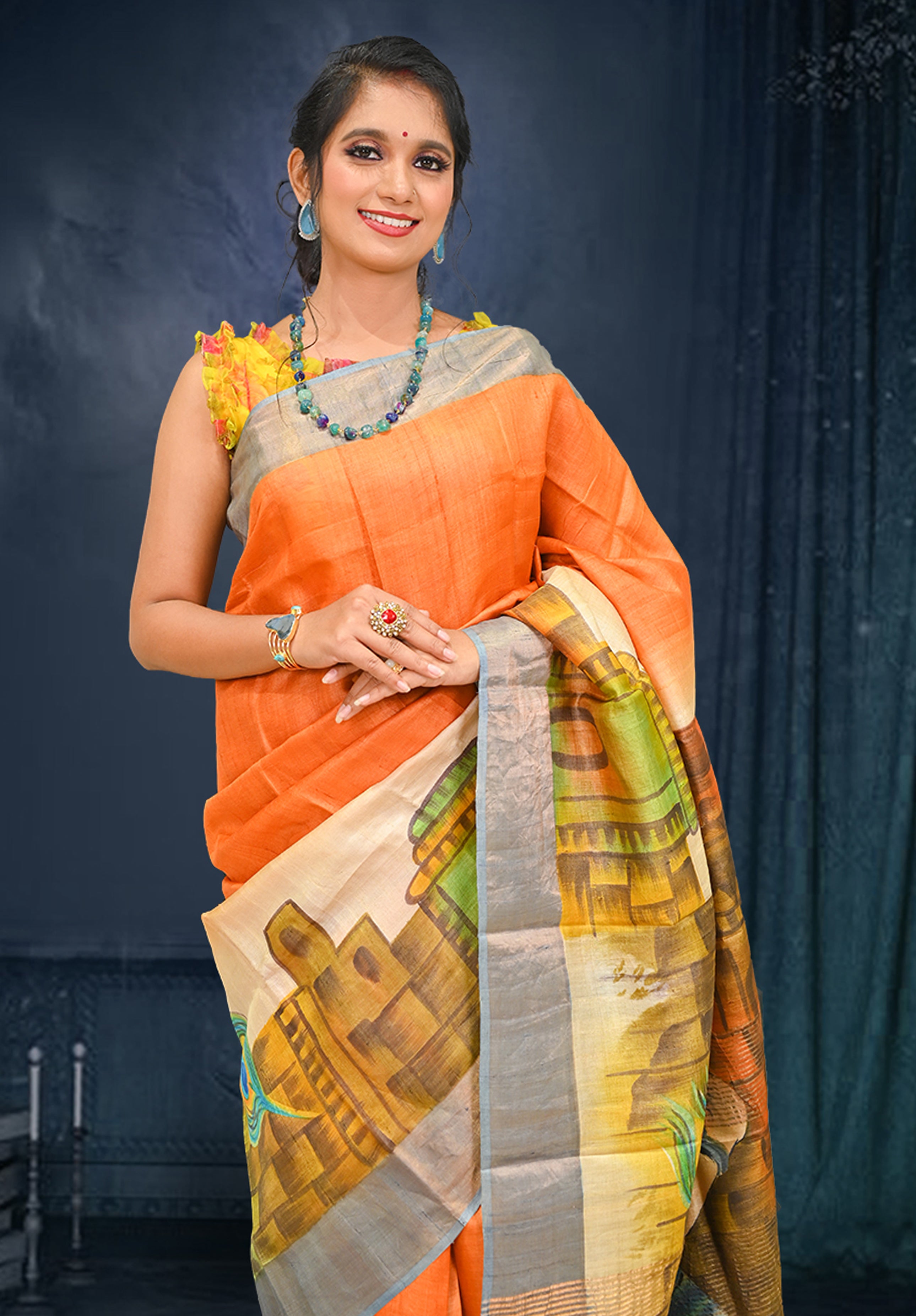 Pure silk handpaint Kalamkari Saree With Blouse Piece – Light Mustard