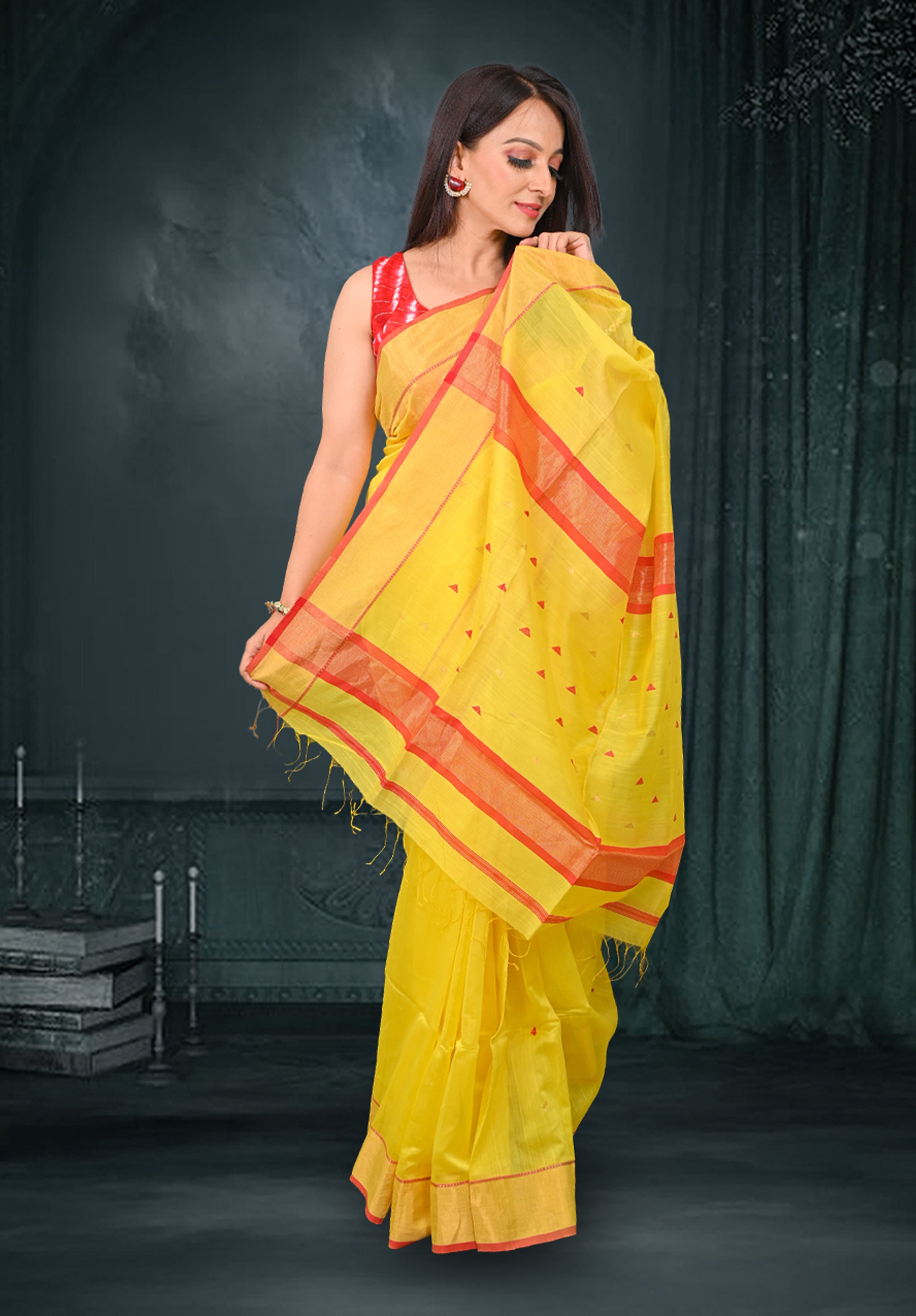 Pure Maheshwari Saree With Blouse Piece – Yellow
