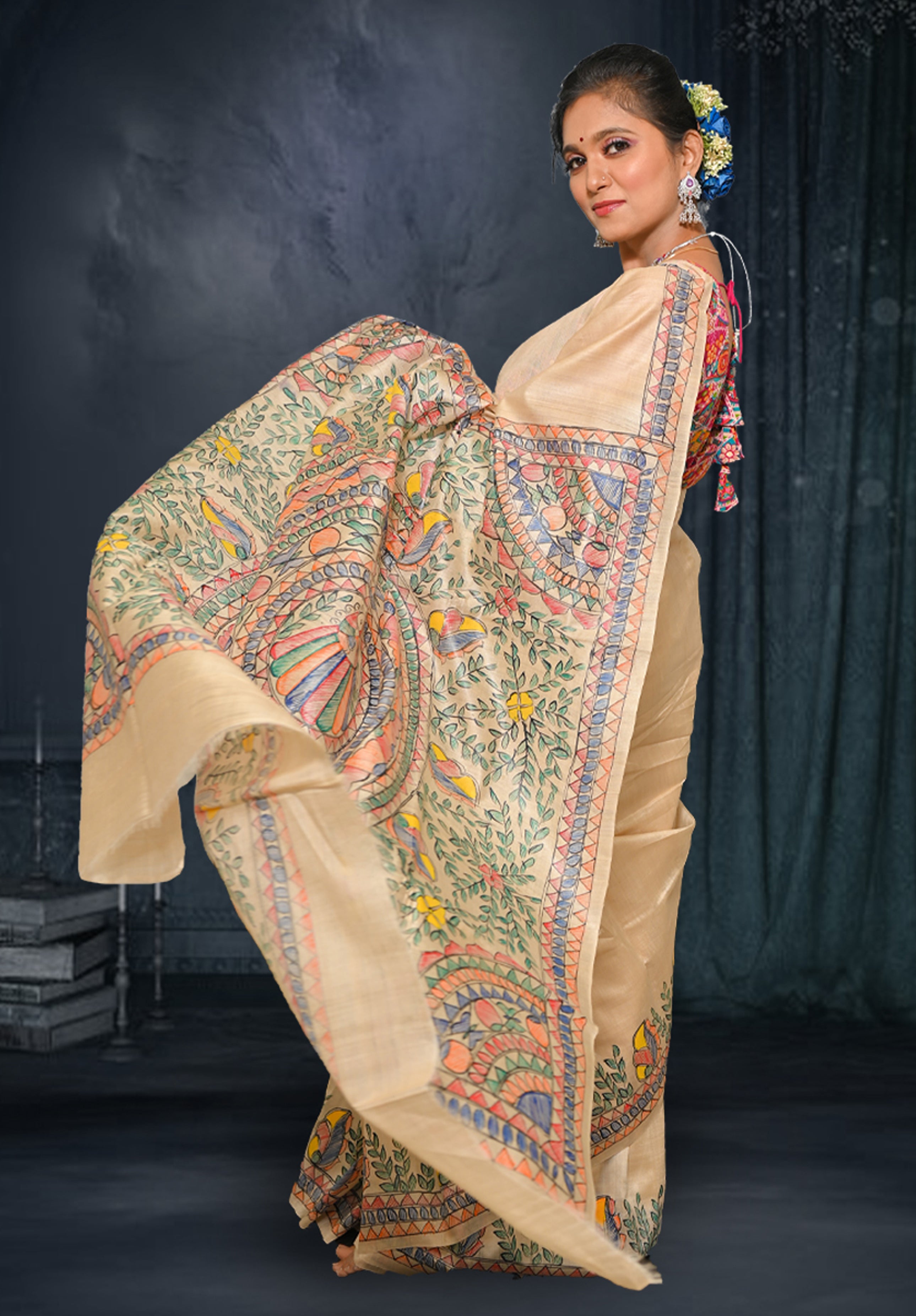 Pure Madhubani Saree With Blouse Piece – Cream