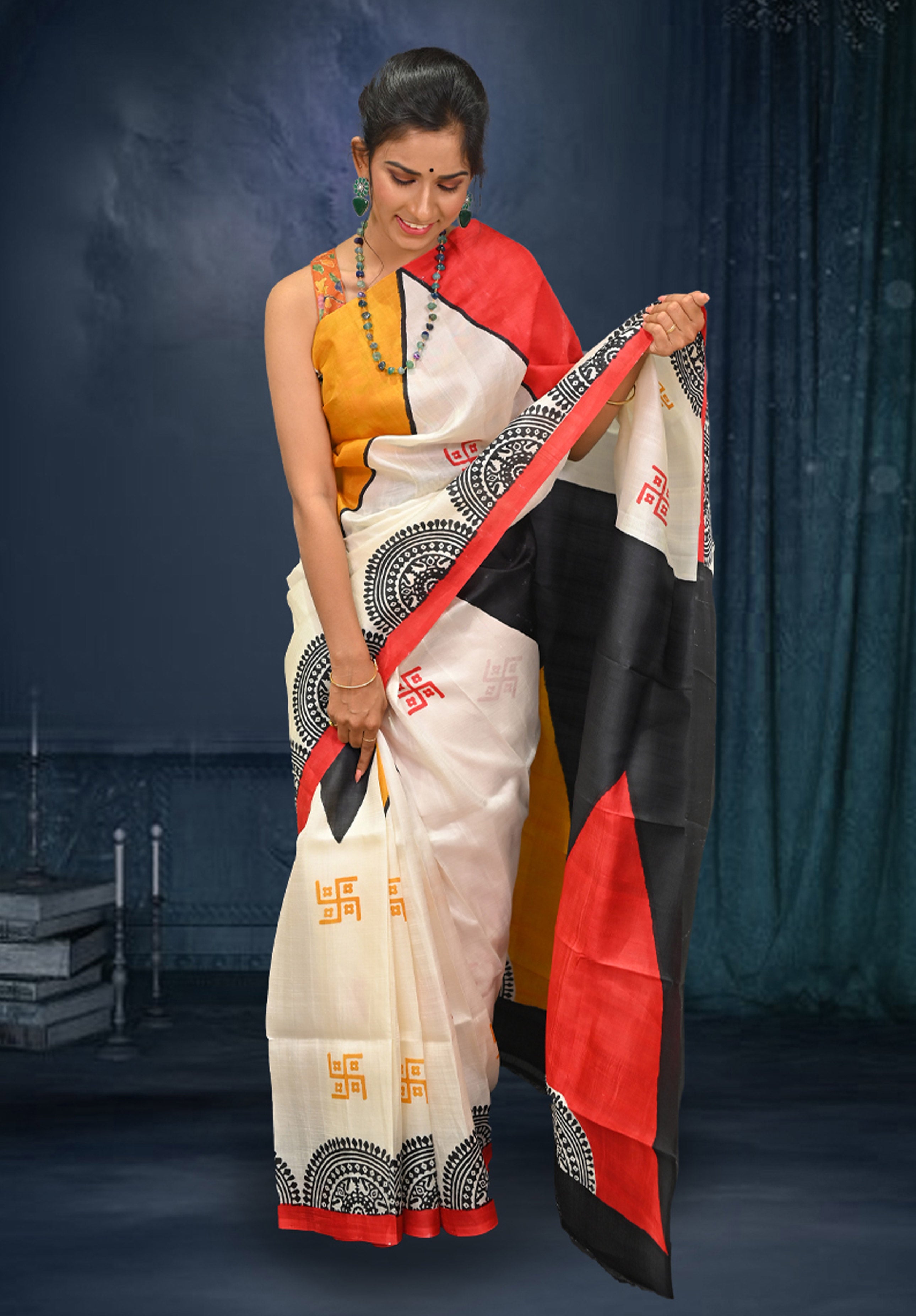 Pure silk handpaint Kalamkari Saree With Blouse Piece – Mustard