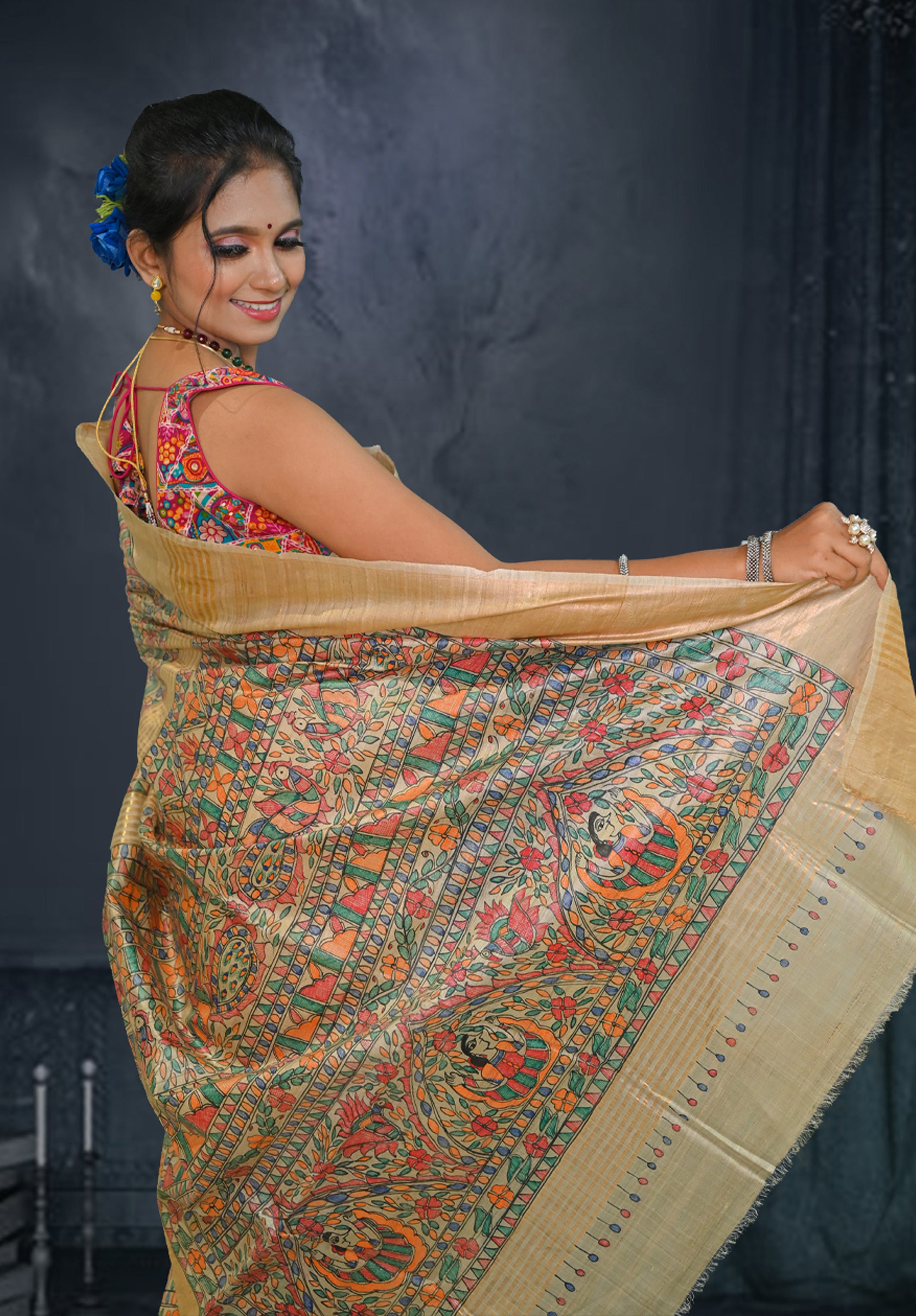 Pure Madhubani Saree With Blouse Piece – Cream